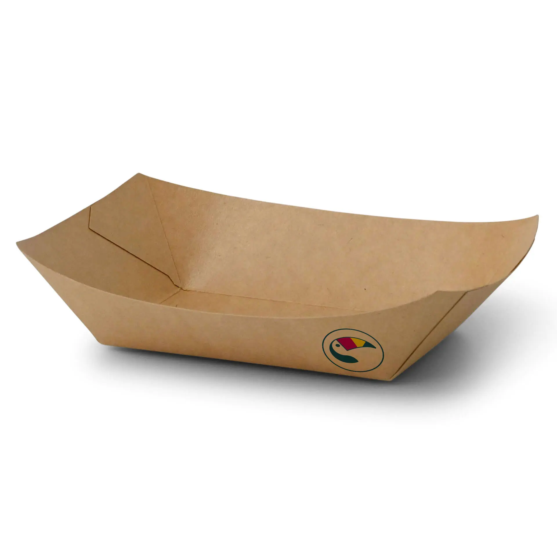 Brown custom-printed snack tray, 500 ml, ideal for hot and cold snacks, featuring a circular logo. Suitable for food trucks and events.