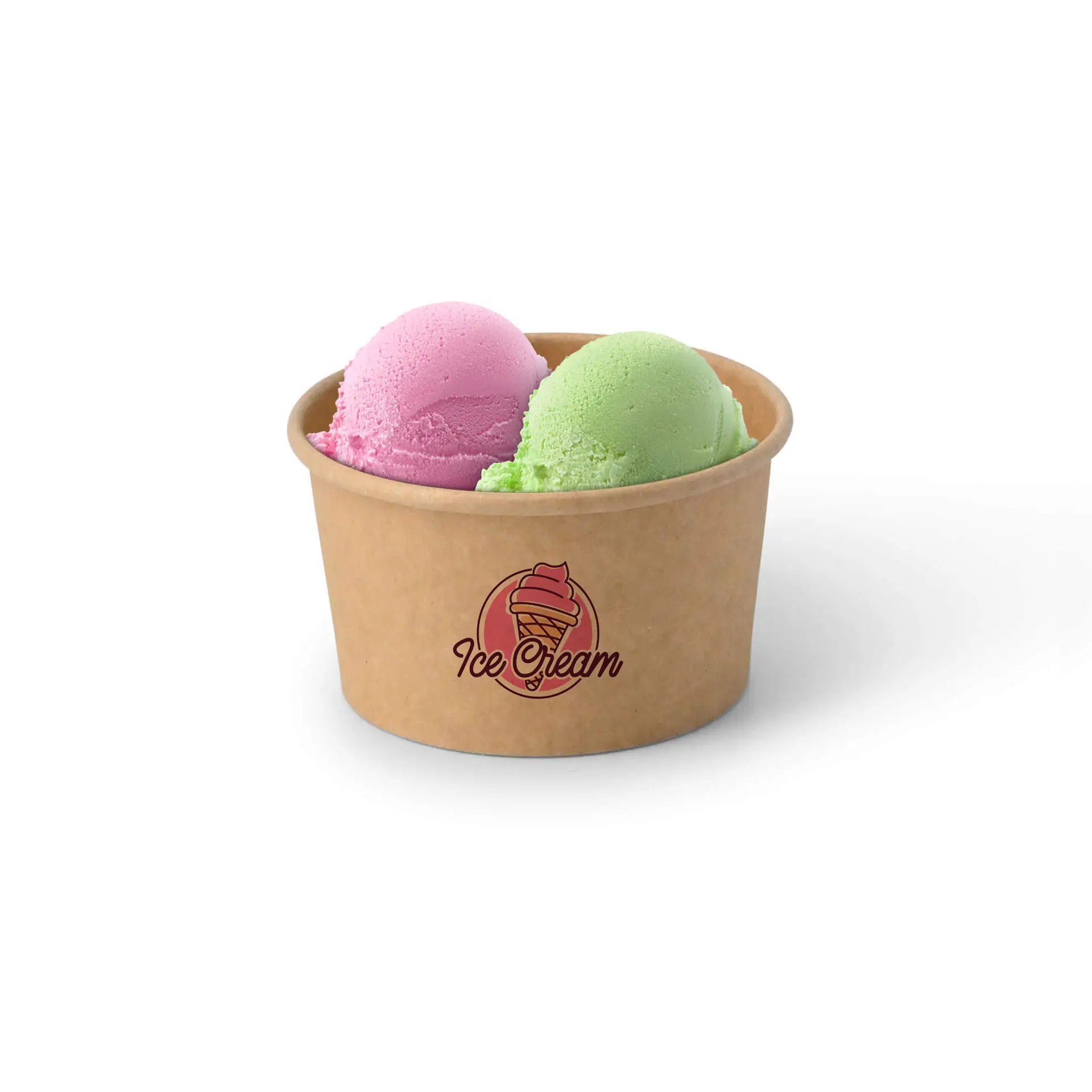 Custom-printed brown ice cream cup with pink and green ice cream scoops; features an "Ice Cream" logo.