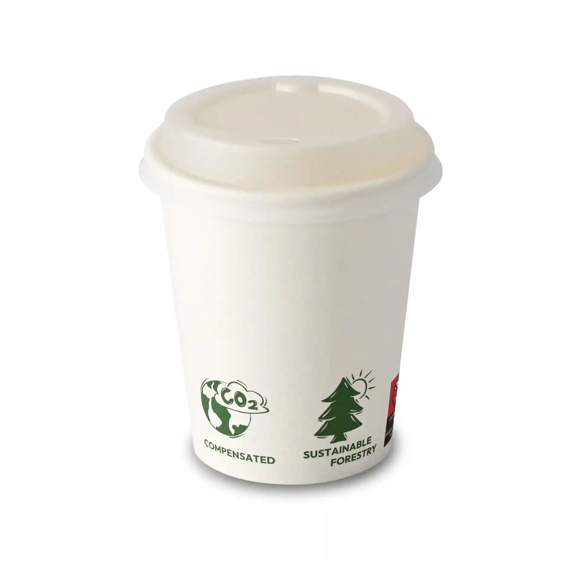 Weißer Becher mit Deckel, 200 ml Fassungsvermögen, mit Öko-Symbolen an der Seite.