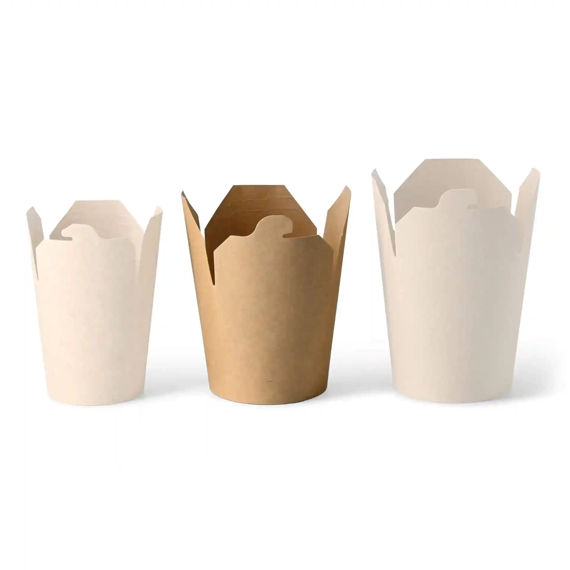 Three round noodle boxes in brown and white cardboard, featuring open tops and no viewing windows.