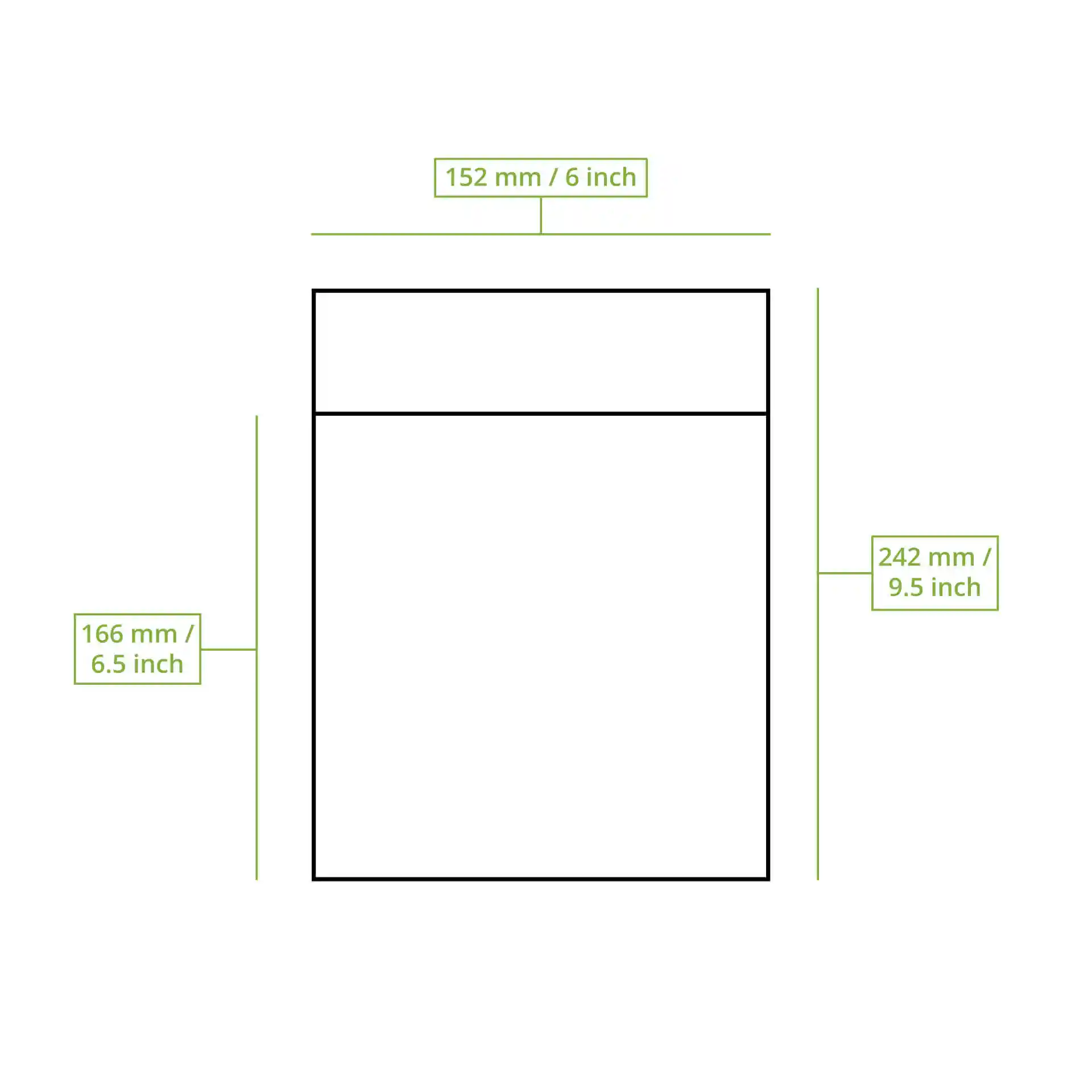 Schematische Zeichnung einer Papiertüte für Burger mit Maßlinien für Höhe, Breite und Länge.