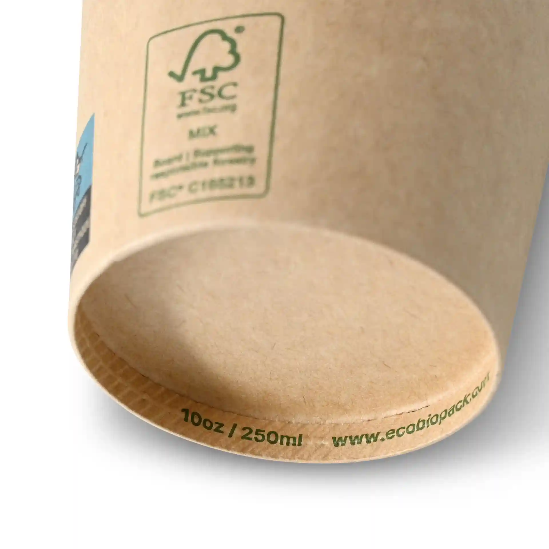 Brown paper cup with a diameter of 90 mm, showing the bottom with volume markings of 10 oz and 250 ml.