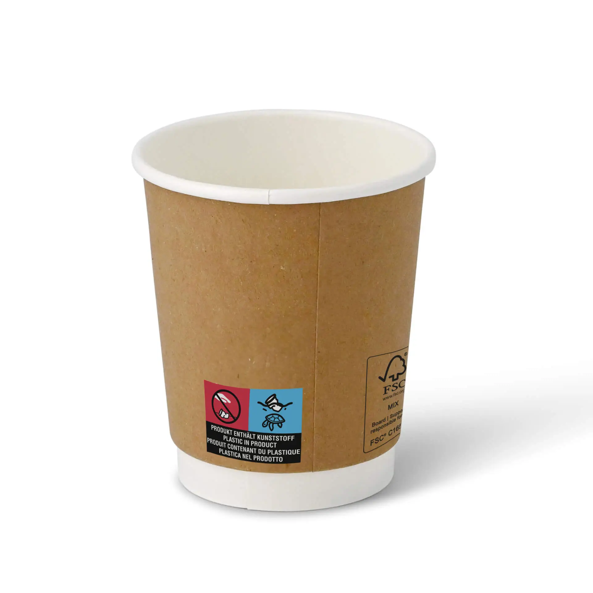 One brown double-walled coffee cup with a white interior; features labels and markings on the side.