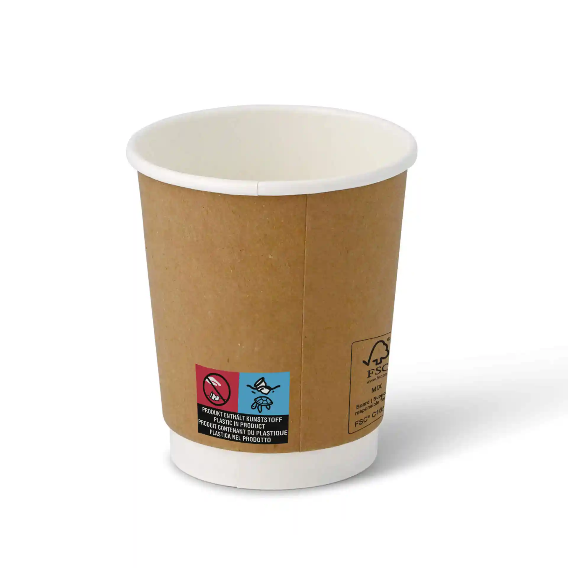 Brown double-walled cardboard coffee cup with a white interior and visible labels on the side.