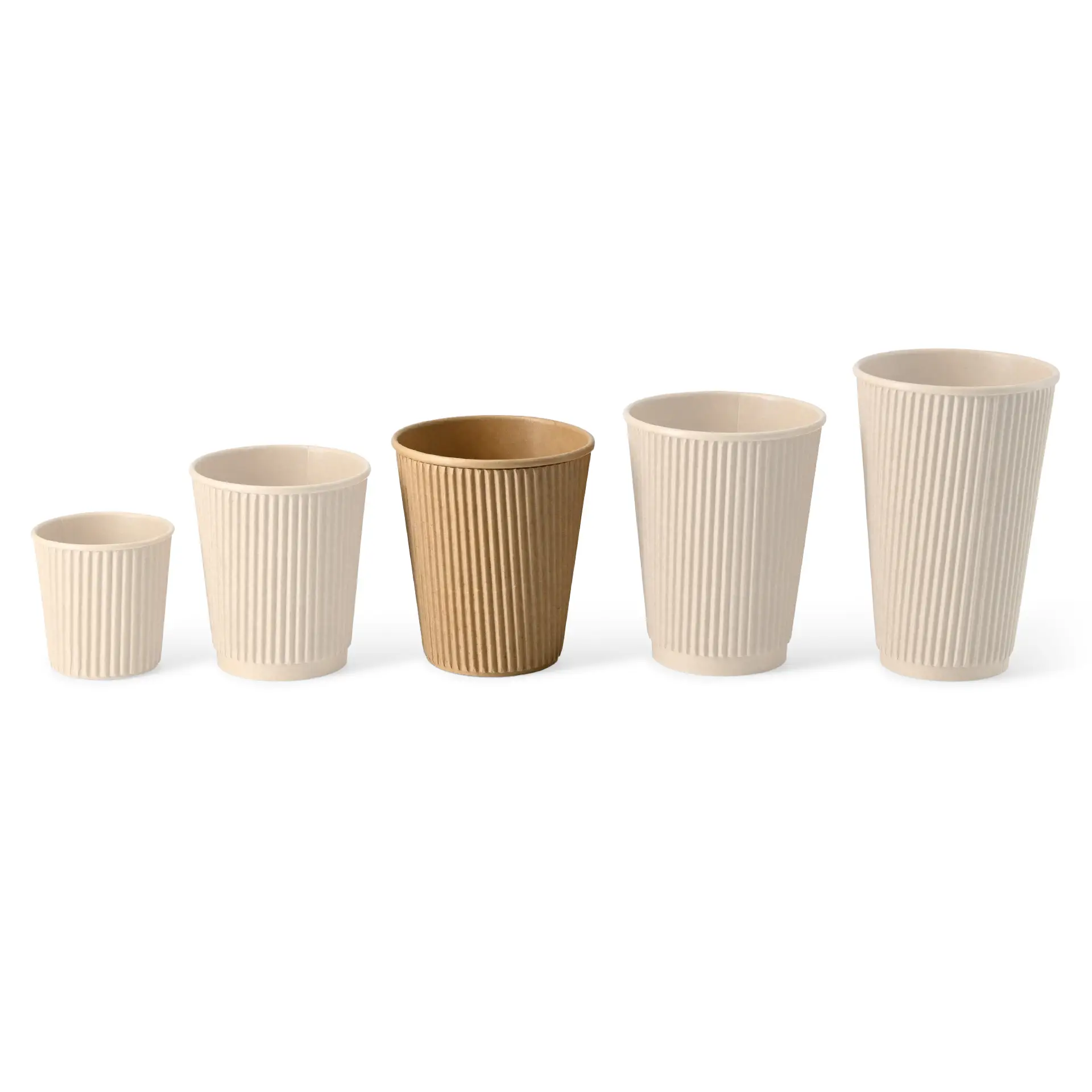 Set of five insulated coffee cups in various sizes, featuring a ribbed design and a brown cup among white ones.
