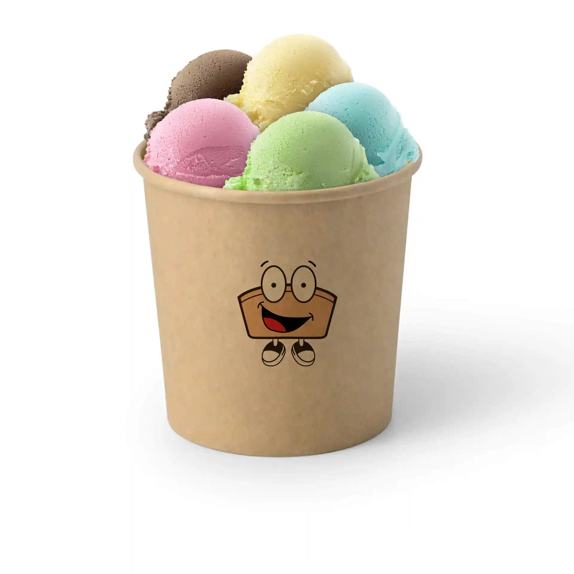 Round brown cardboard cup filled with six scoops of ice cream in various colors, featuring a cartoon character on the side.
