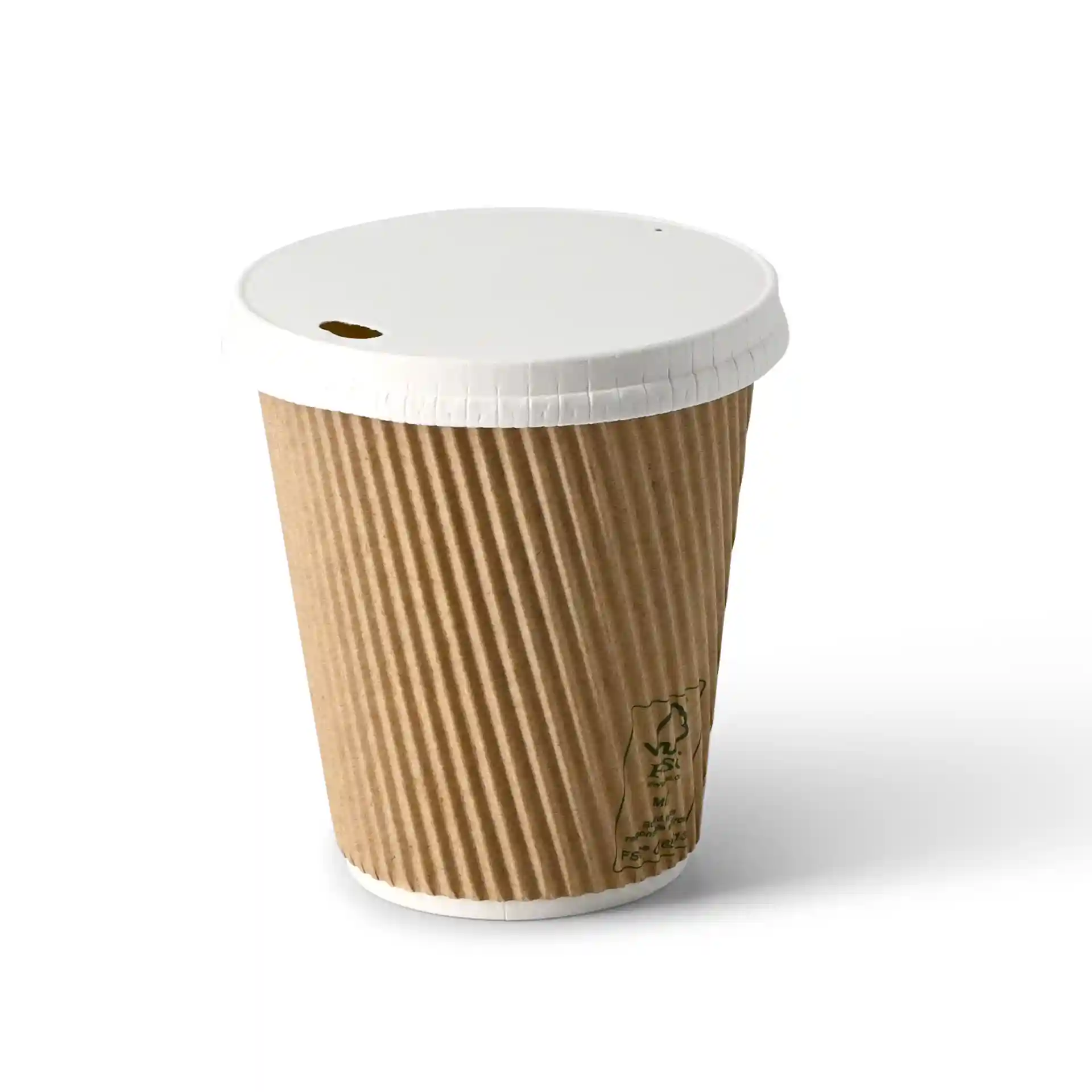 White paper cup with a ribbed texture and a white lid featuring a drink opening.