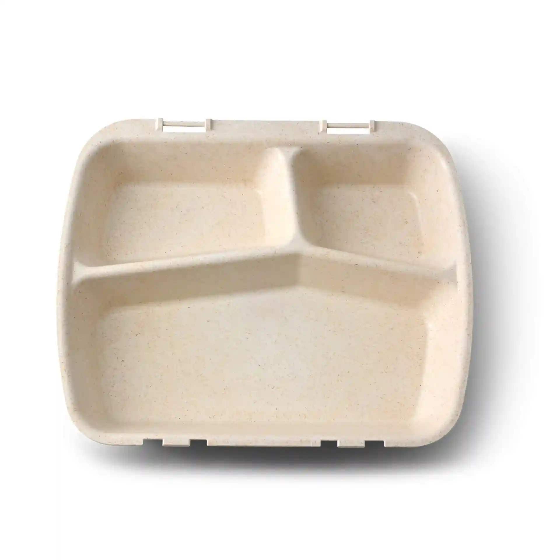 Reusable meal container with three compartments, cream white color, dimensions 24.5 x 20 x 4.5 cm.