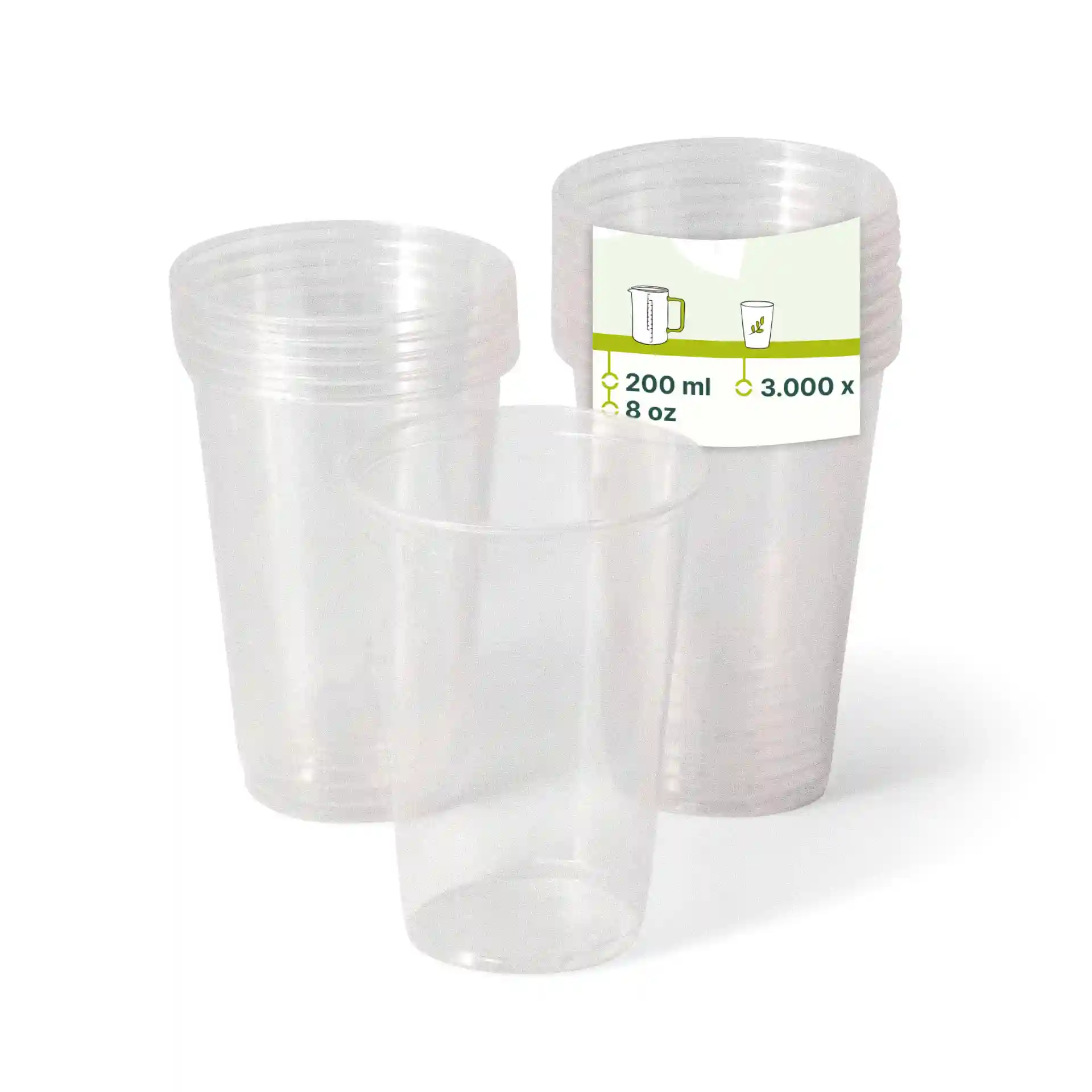 Transparente Plastikbecher gestapelt, mit einem Becher vorne, der ein Etikett mit 200 ml Fassungsvermögen zeigt.