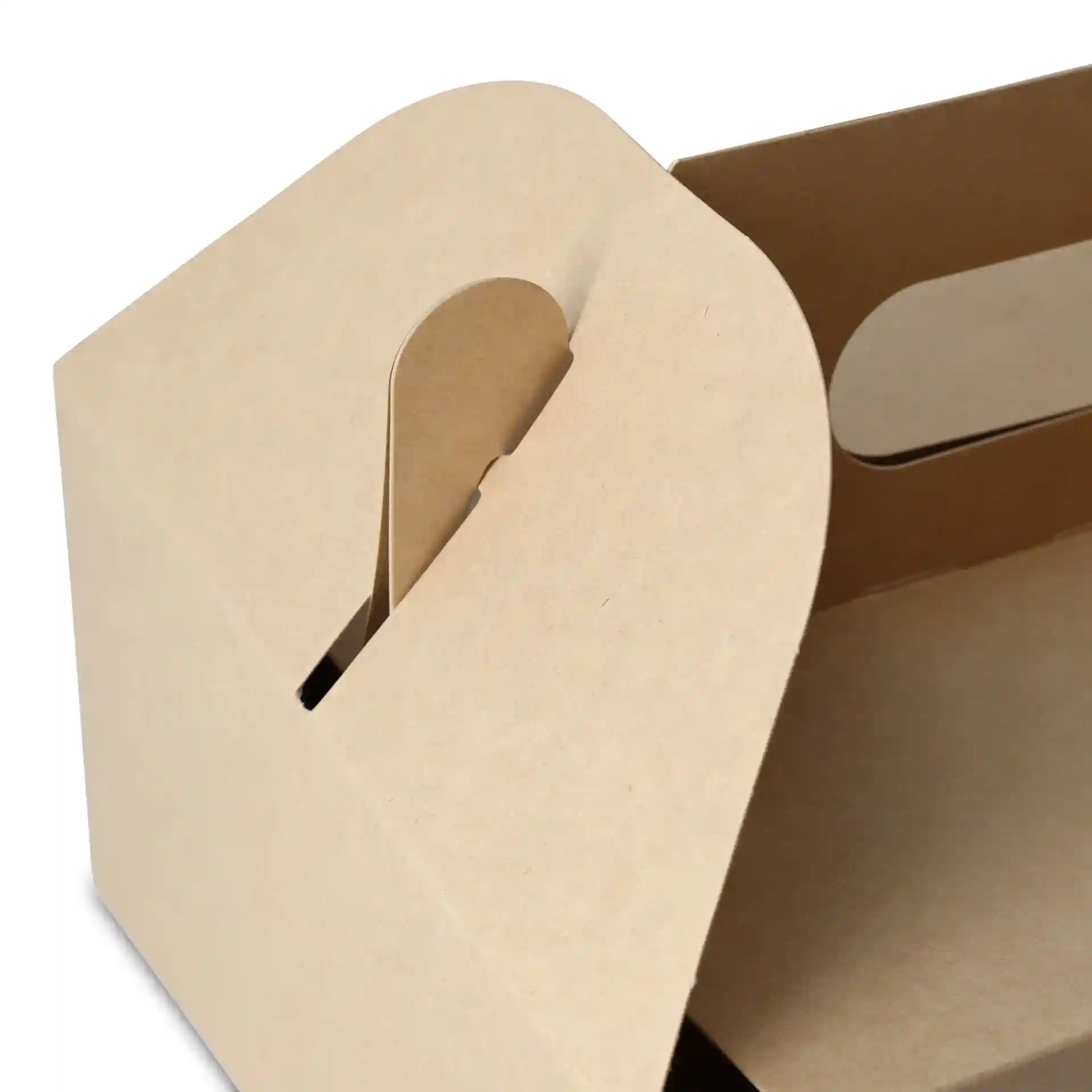 Braune Pappkuchenbox mit Griff, rechteckige Form und faltbarem Design.