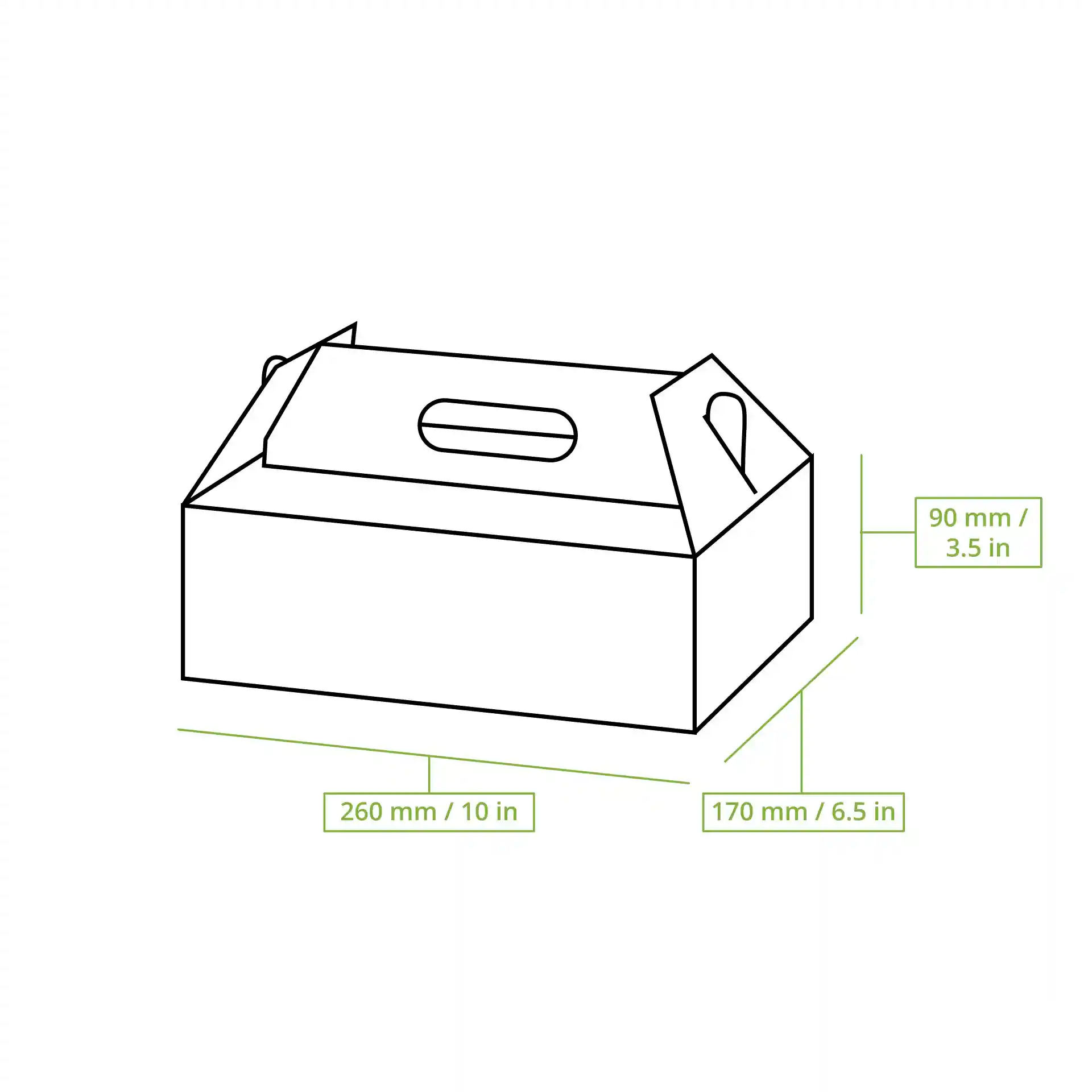 Schematische Zeichnung einer rechteckigen Pappkuchenbox mit den Maßen: 260 mm Länge, 170 mm Breite, 90 mm Höhe.