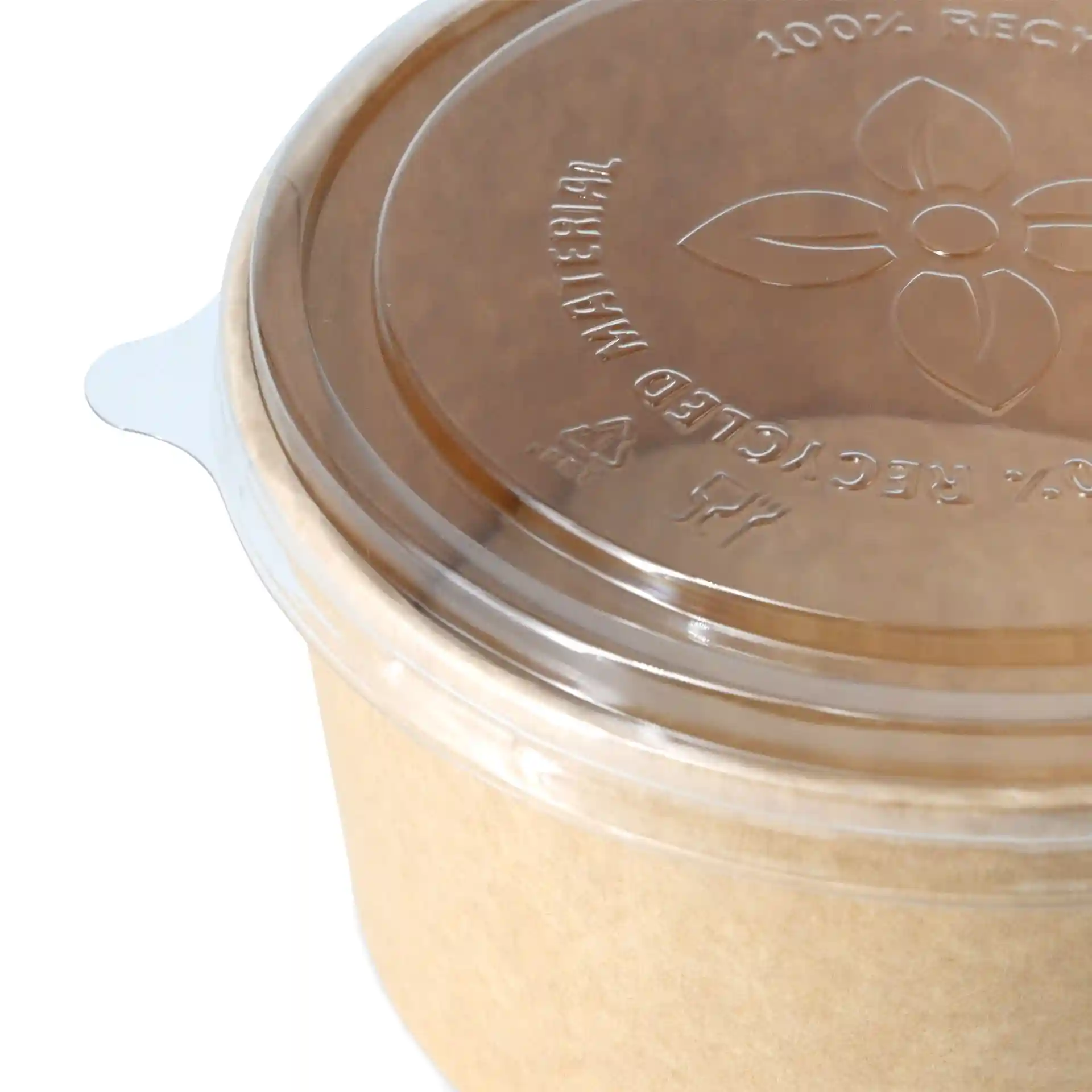 Runder Becher mit transparentem rPET-Deckel, zeigt ein florales Design und Markierungen oben.