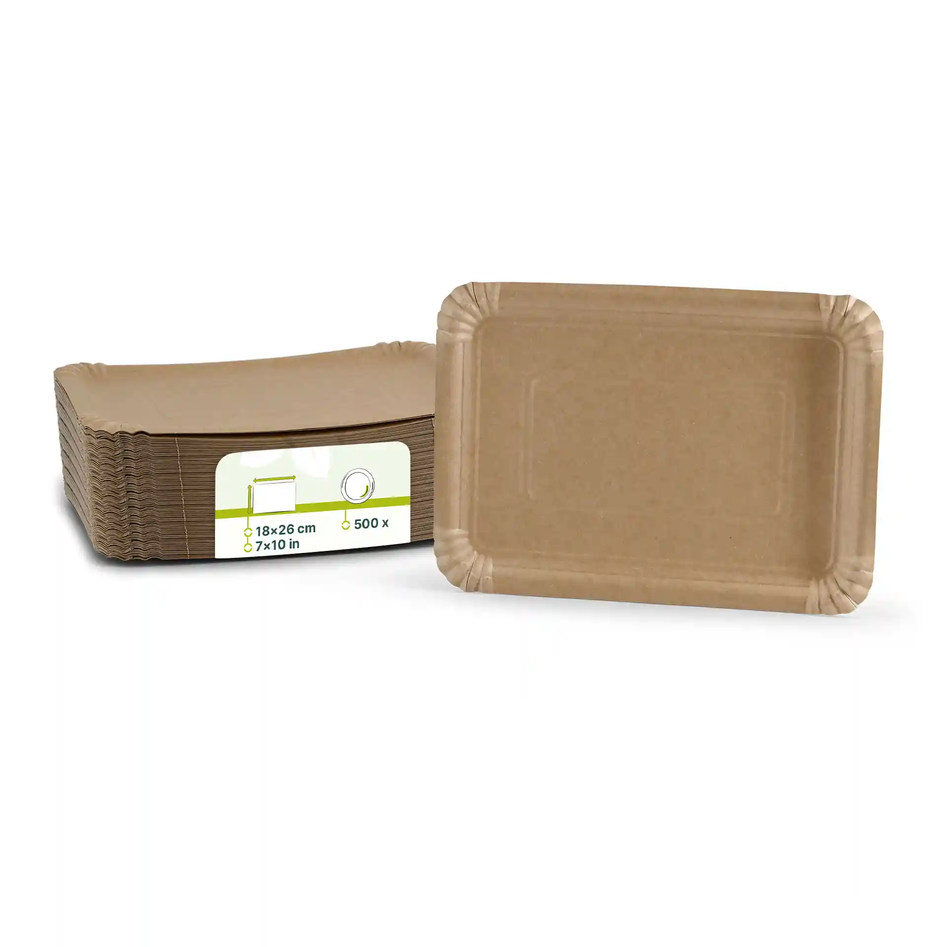Stack of brown rectangular paper plates, 18 x 26 cm, with one plate in front showing its shallow design.