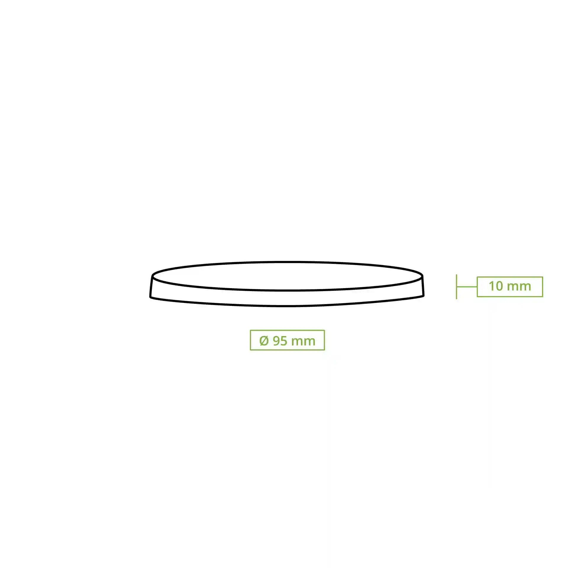 Schematische Zeichnung eines flachen Deckels mit einem Durchmesser von 95 mm und einer Höhe von 10 mm.