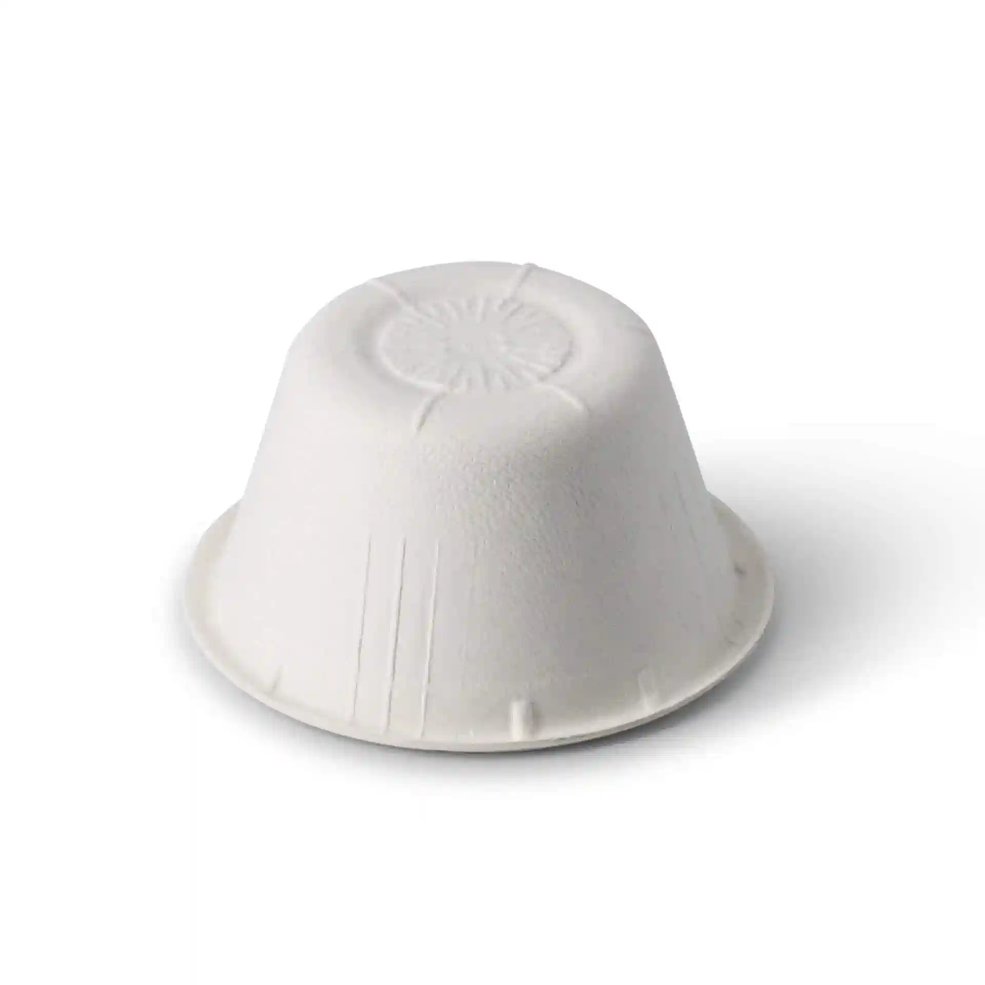 White bagasse dip bowl with a diameter of 62 mm and height of 32 mm, made from sugar cane material.