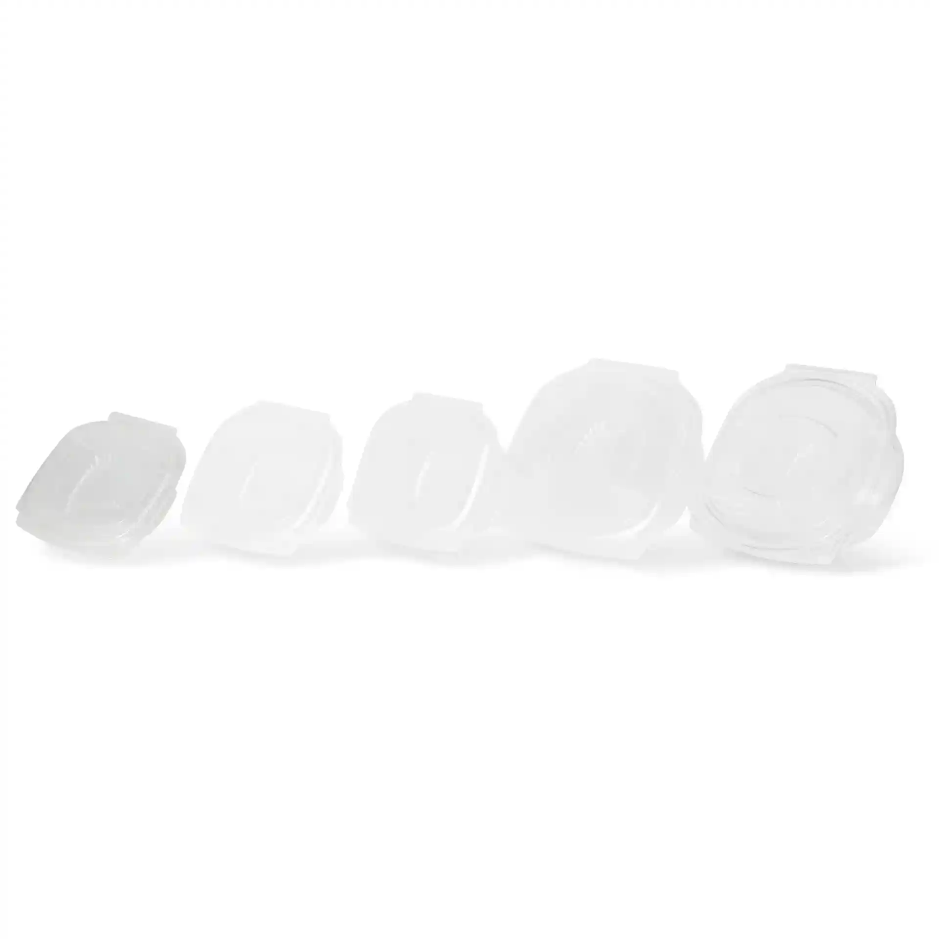 Set of transparent rectangular PLA deli bowls with folding lids, varying sizes from small to large.