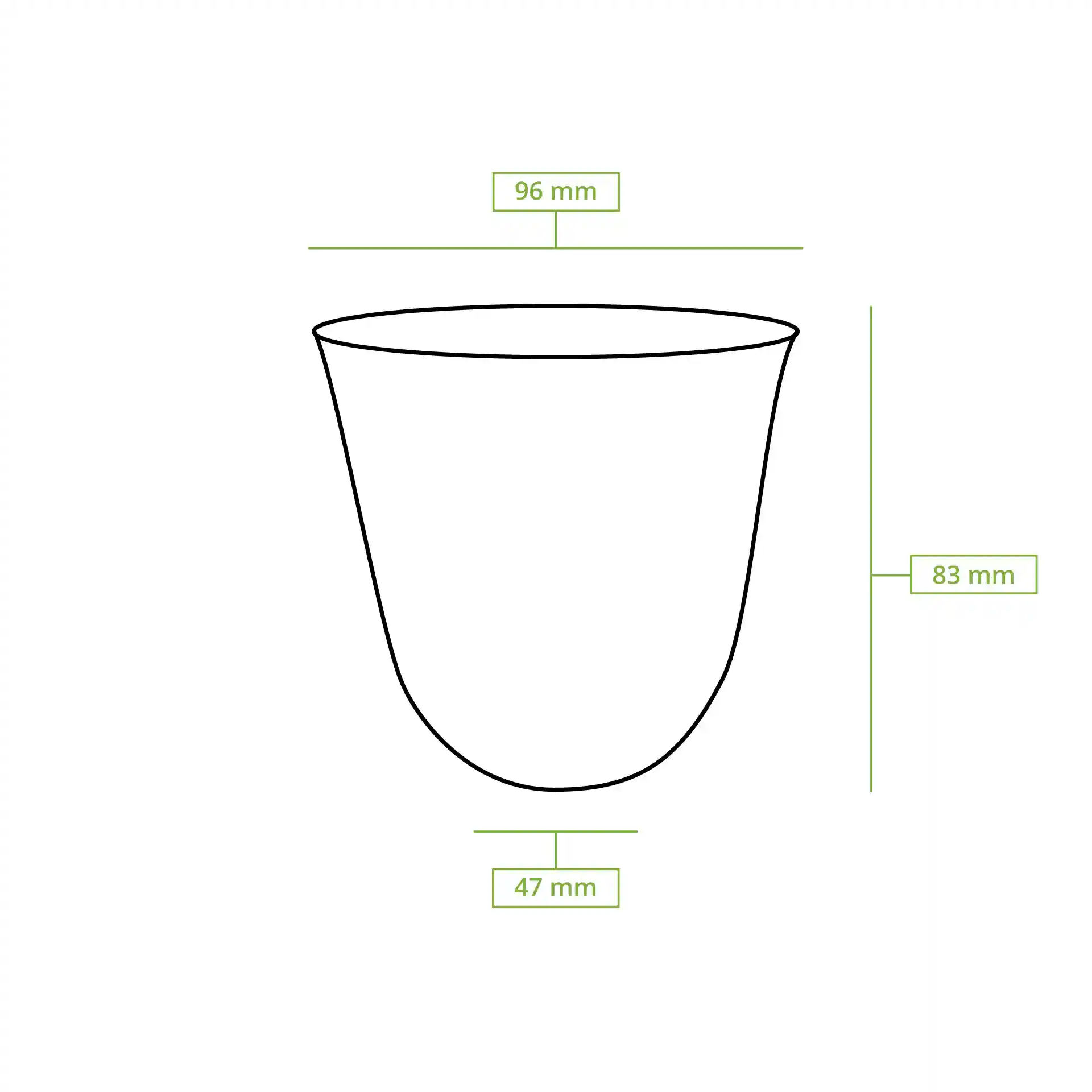 Schematic drawing of a cup with dimensions: height 83 mm, top diameter 96 mm, bottom diameter 47 mm.
