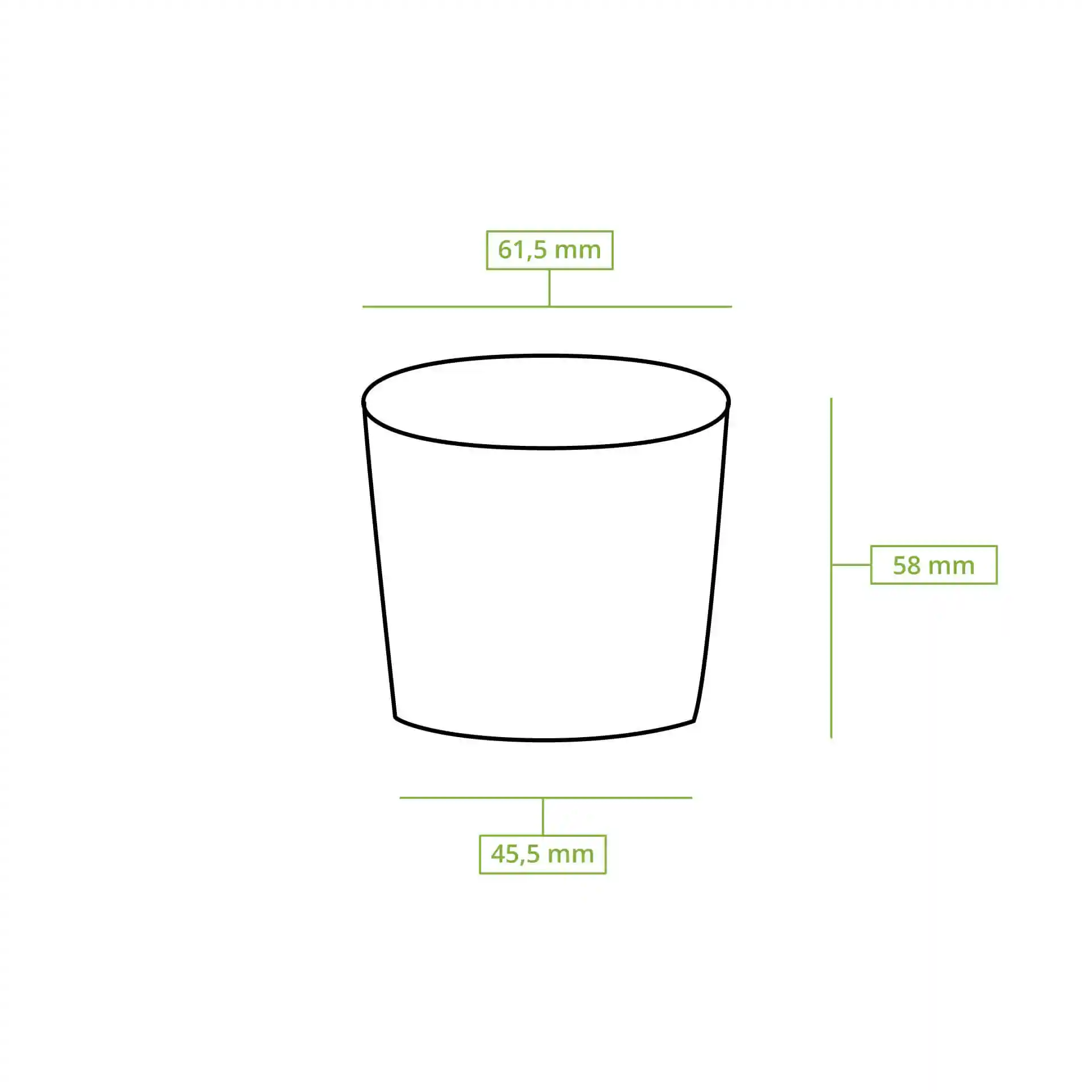 Schematic drawing of a paper portion cup with dimensions: height 60 mm, diameter 62 mm, and base diameter 45.5 mm.