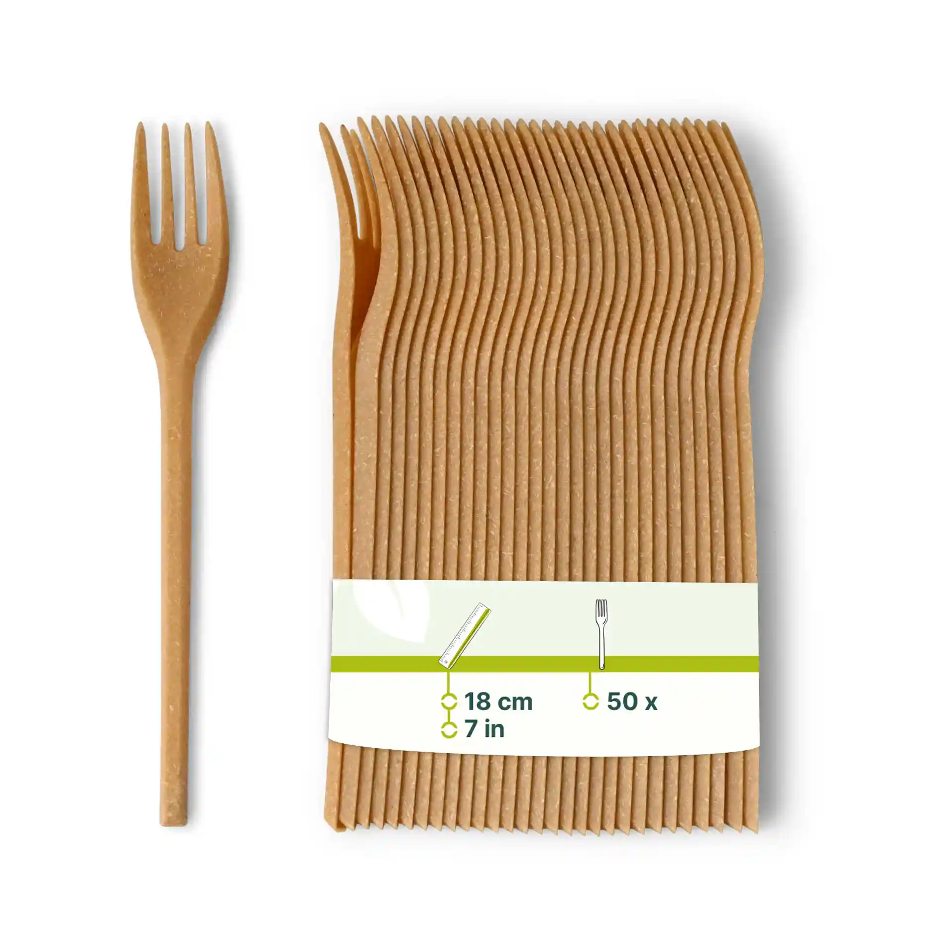 Brown reusable fork made from bio compound, 18 cm long, with a pack of 50 forks displayed.