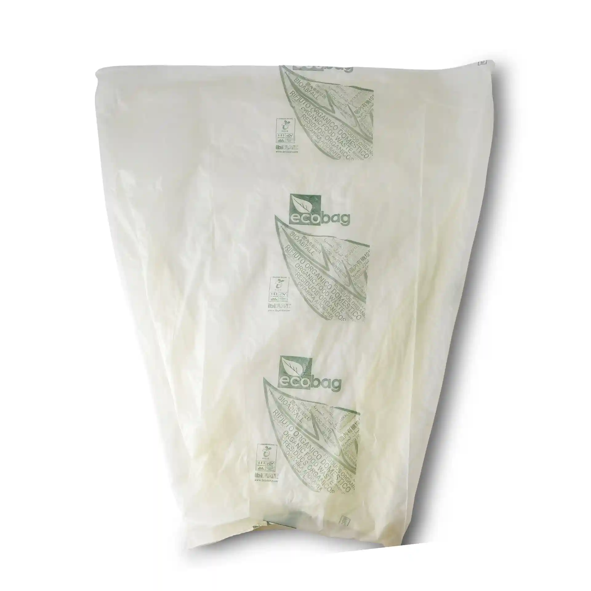 Transparent bio bin bag made of PLA, measuring 50x60 cm, with eco-friendly markings.