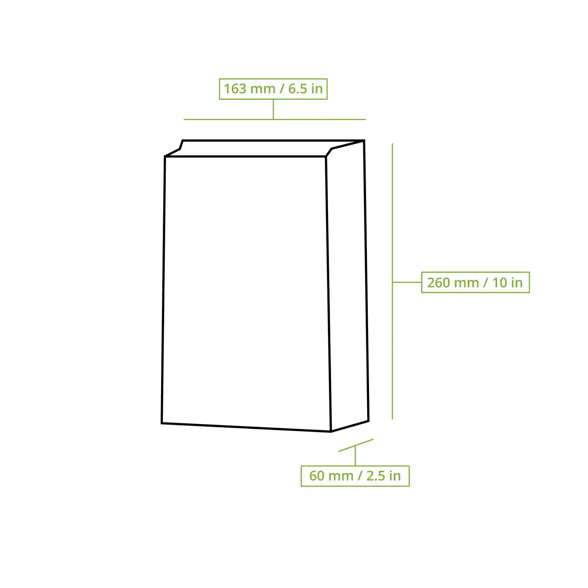 Schematic drawing of a snack bag with dimension lines indicating height, length, and width measurements.