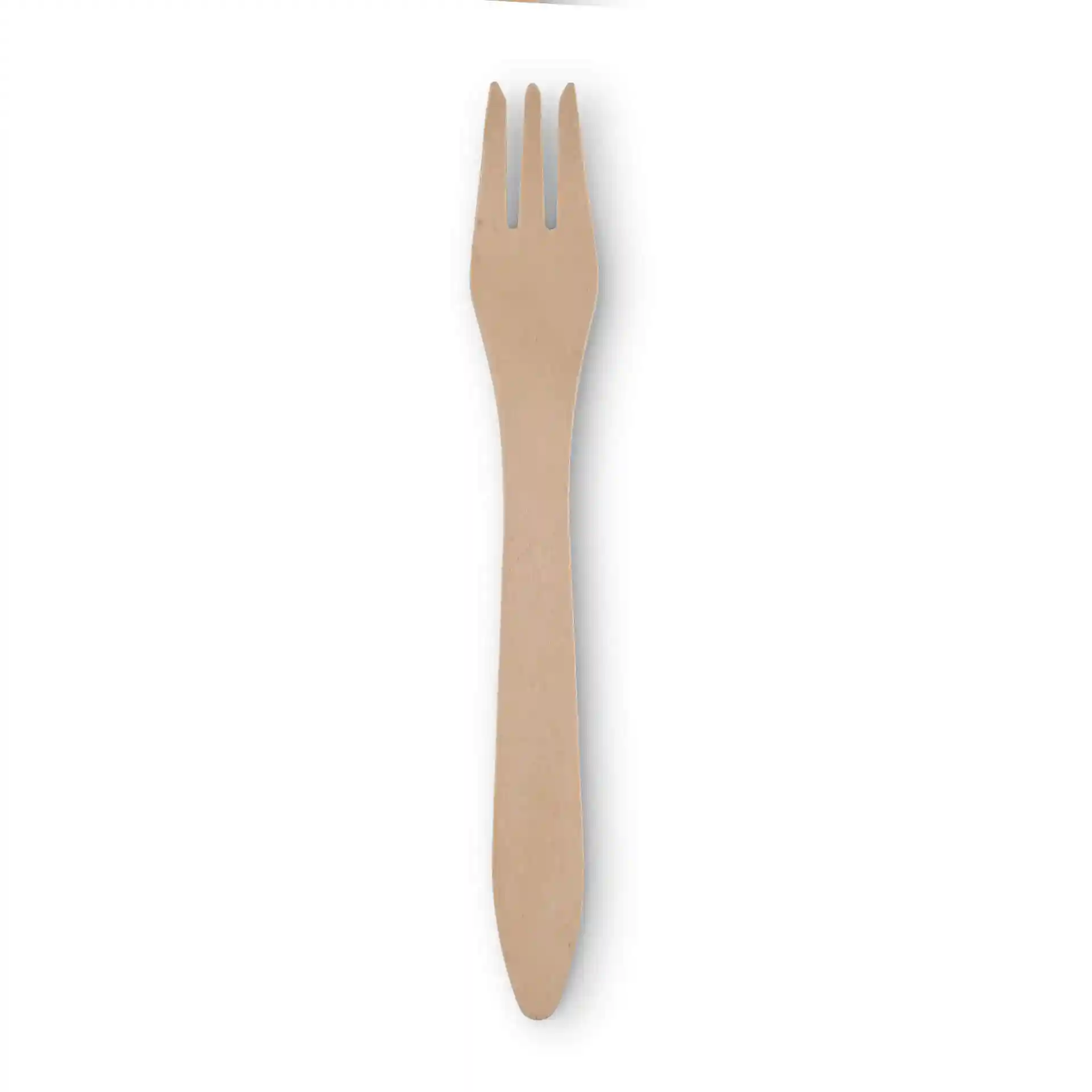 Brown wooden fork with three tines, measuring 18 cm in length, on a plain white background.