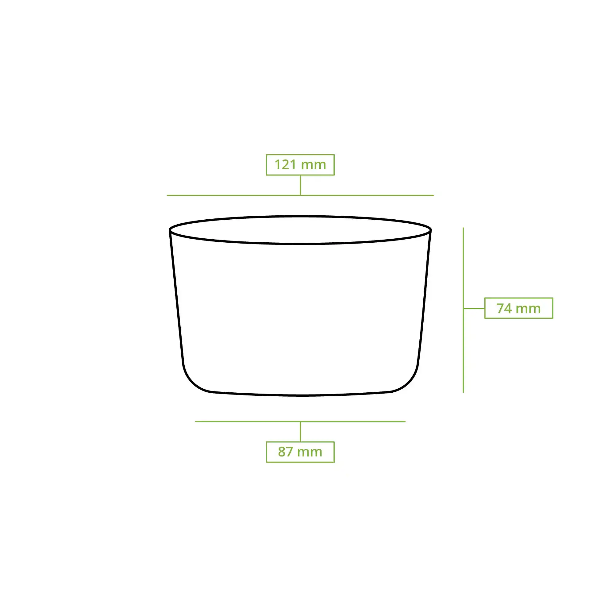 Schematic drawing of a round deli container with dimensions: 121 mm diameter, 74 mm height, and 87 mm bottom diameter.