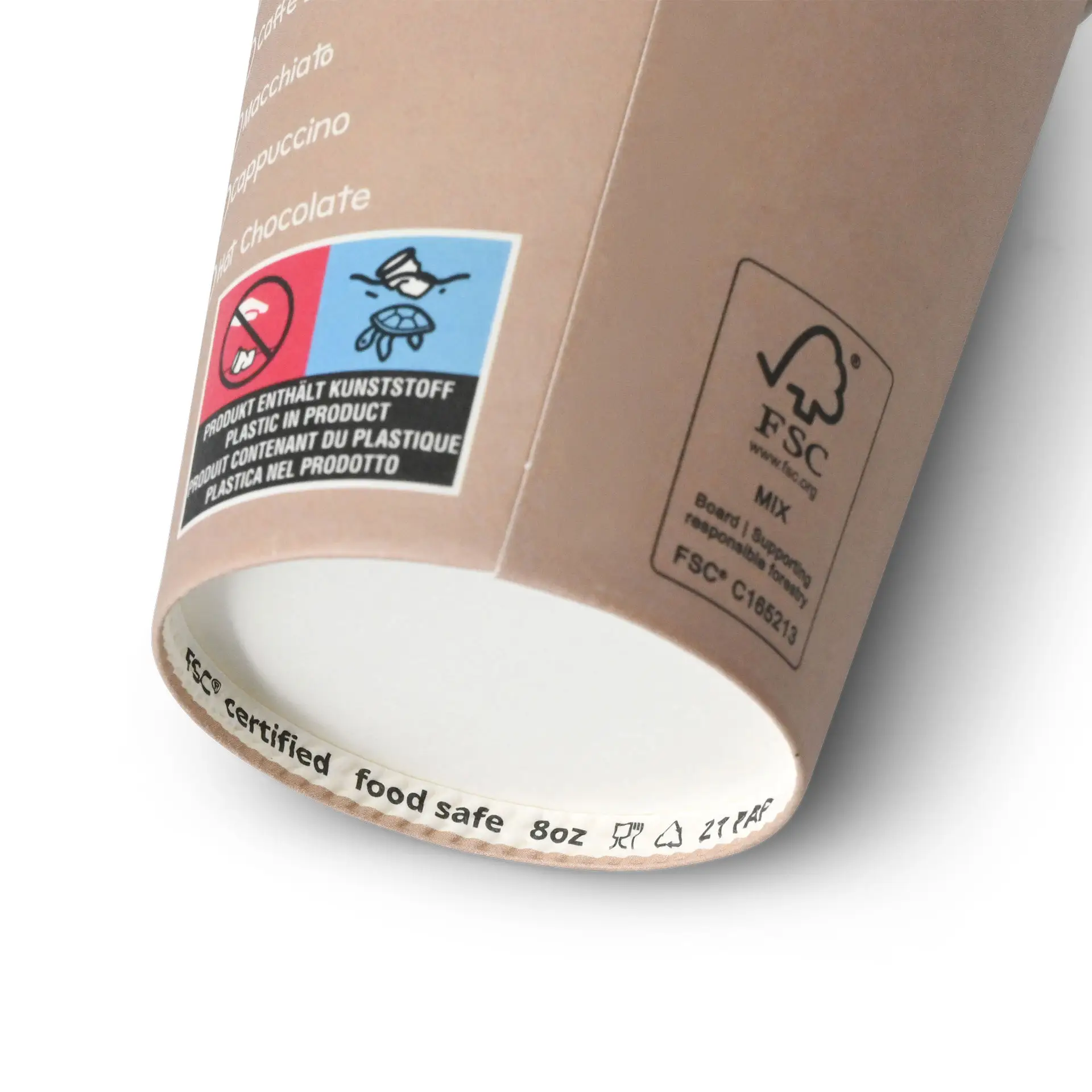 One 8 oz white paper cup with a printed design; features logos and labels indicating safety and recycling information.