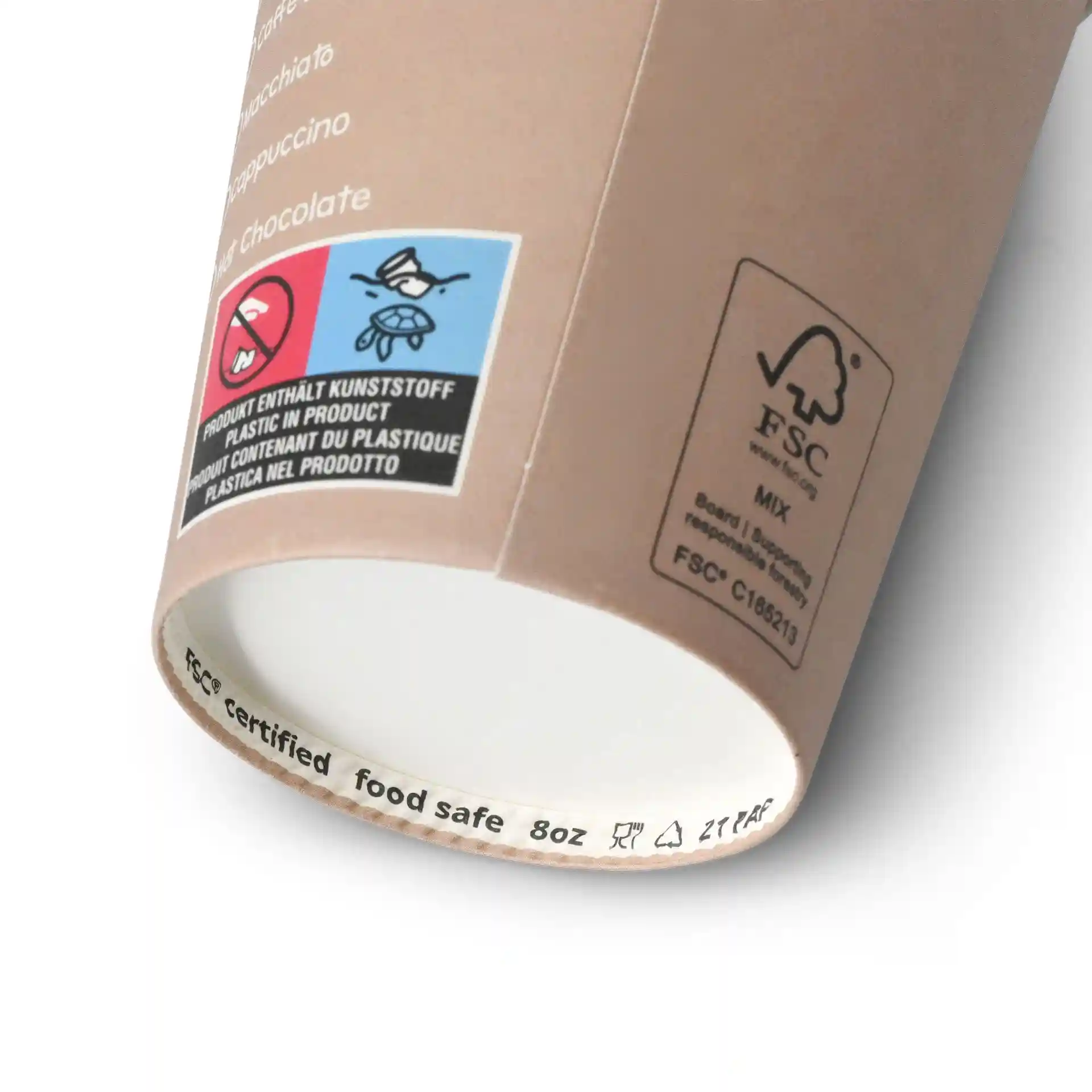 Runder 8 oz Papierbecher mit bedrucktem Design, weißem Innenraum und verschiedenen Etiketten außen.
