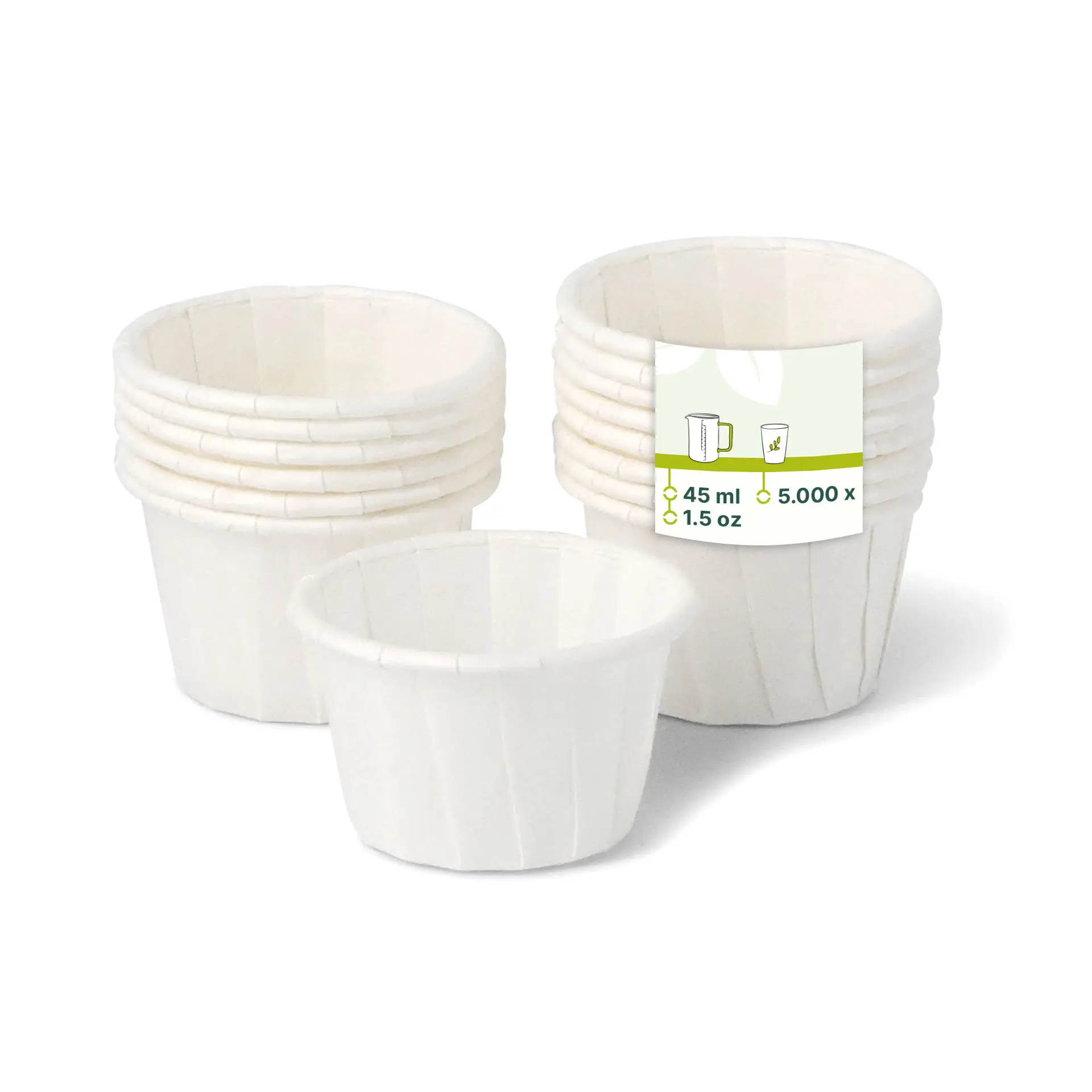 Weiße Papierbecher mit fettabweisender Oberfläche, geeignet für Dips und kleine Portionen, angeordnet mit einem Etikett für die Kapazitätsdetails.