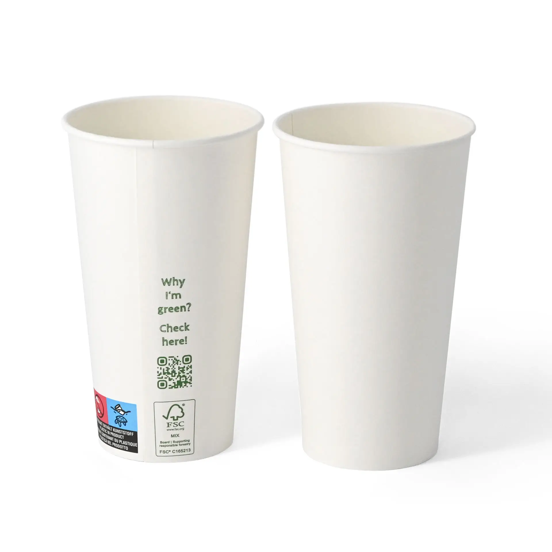 Single-wall white paper cup, 500 ml, coated with PLA, featuring a QR code and information about sustainability.