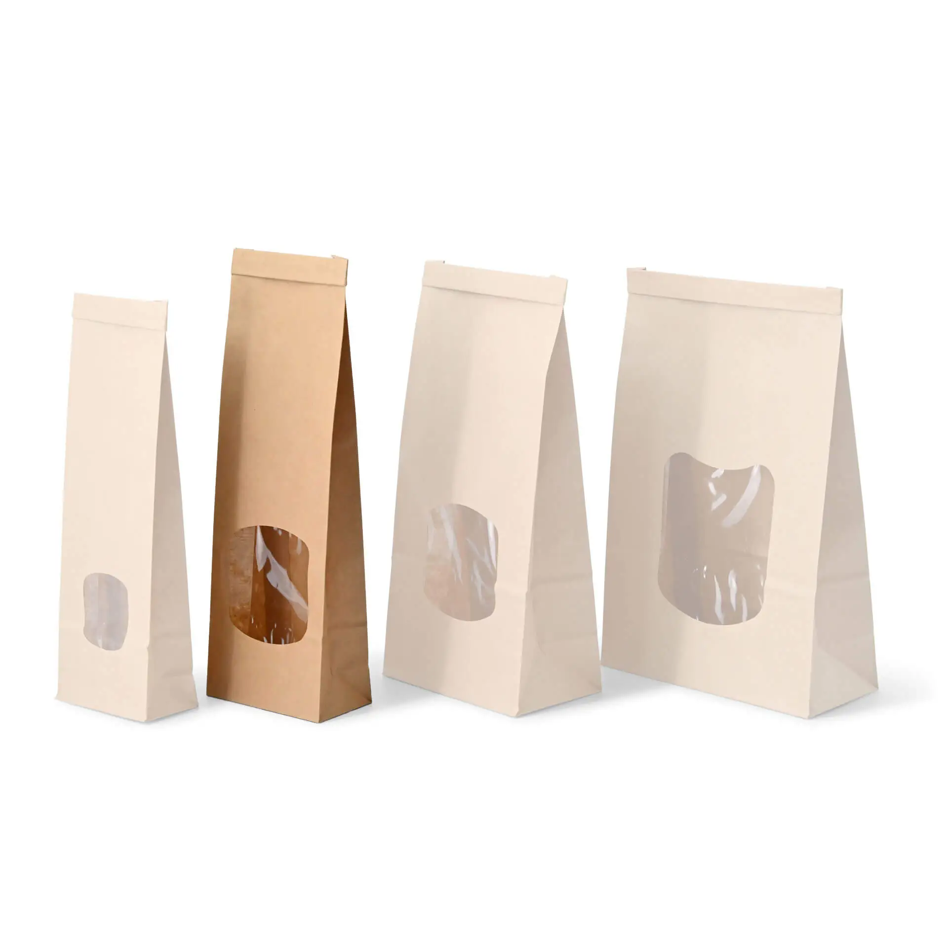Blockbeutel m. Fenster S, 9 x 4,5 x 26 cm, PP-Folie, braun, Clipband, Kraftpapier