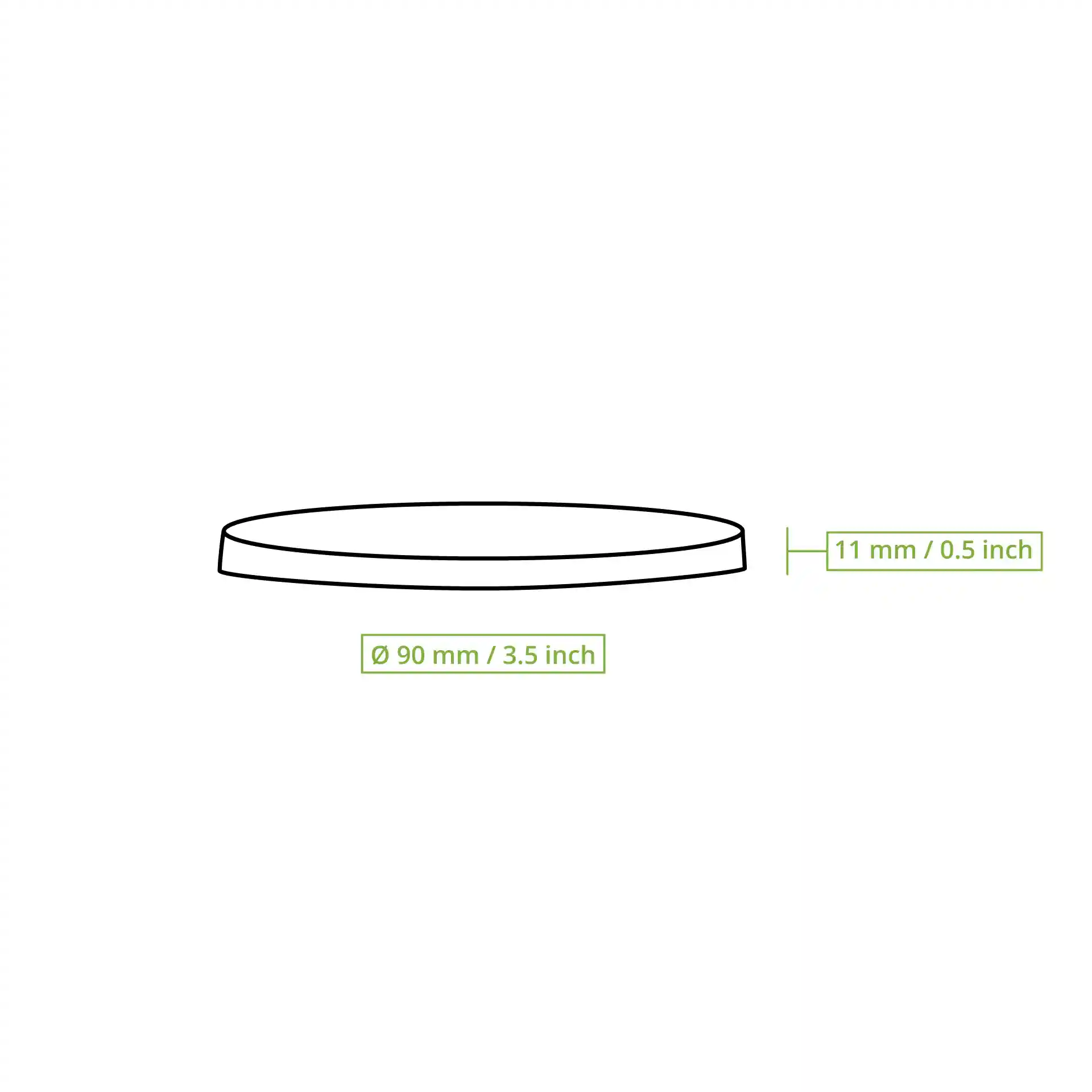 Schematic drawing of a white paper lid with a diameter of 90 mm and a height of 11 mm.