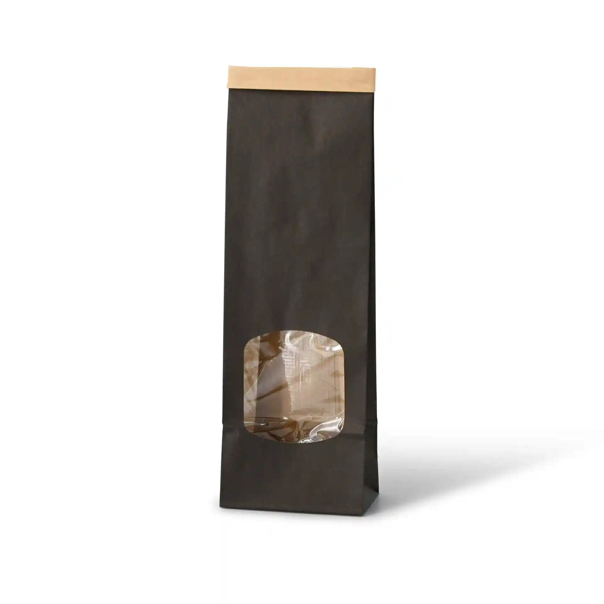 Schwarze Blockboden-Tüte mit transparentem Fenster, Oberteil aus Kraftpapier, Maße 9 x 4,5 x 27,5 cm.