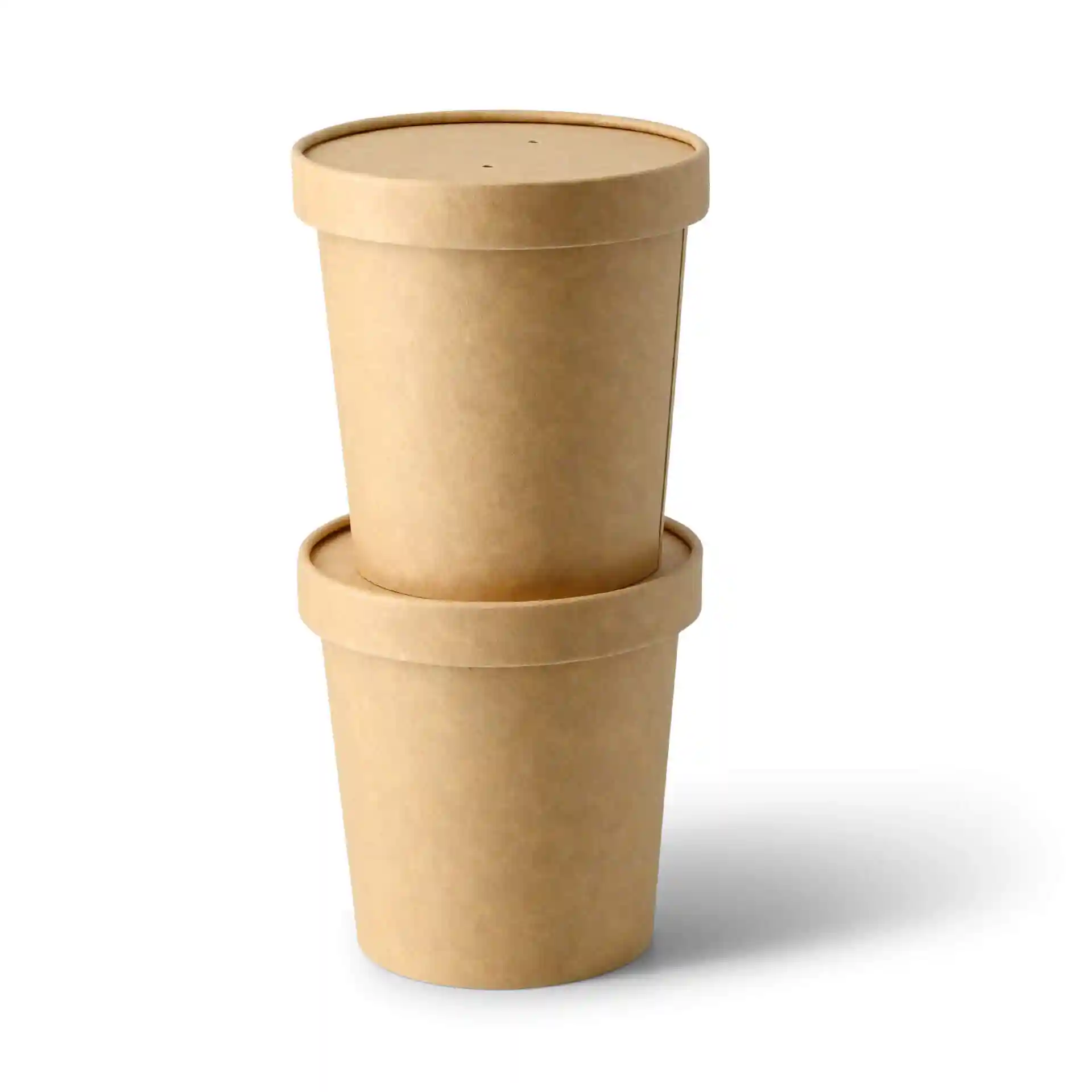 Brown cardboard soup cups with lids stacked on top of each other, featuring a round shape and eco-friendly coating.