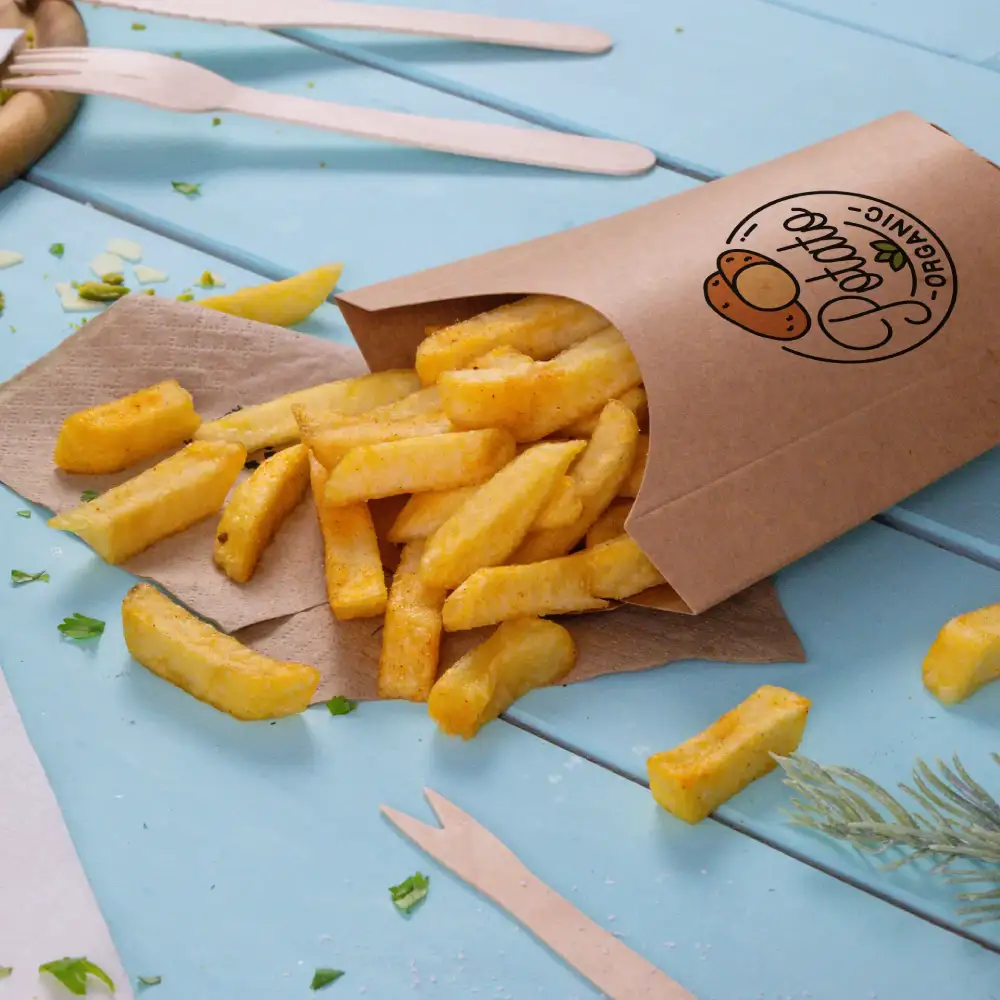 Brown paper container overflowing with golden French fries on a light blue surface, with some fries scattered around.