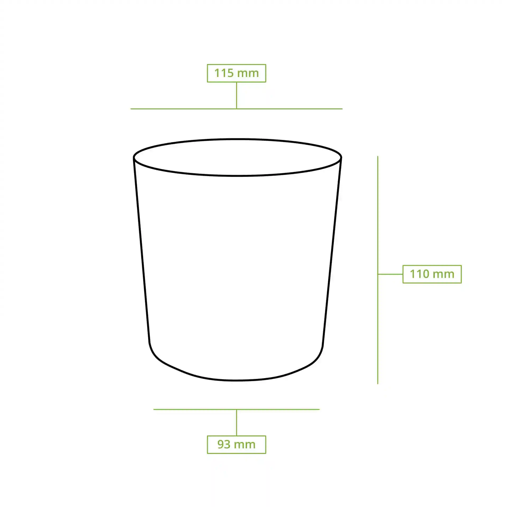 Schematic drawing of a round takeaway soup container with dimensions: height 110 mm, top diameter 115 mm, bottom diameter 93 mm.
