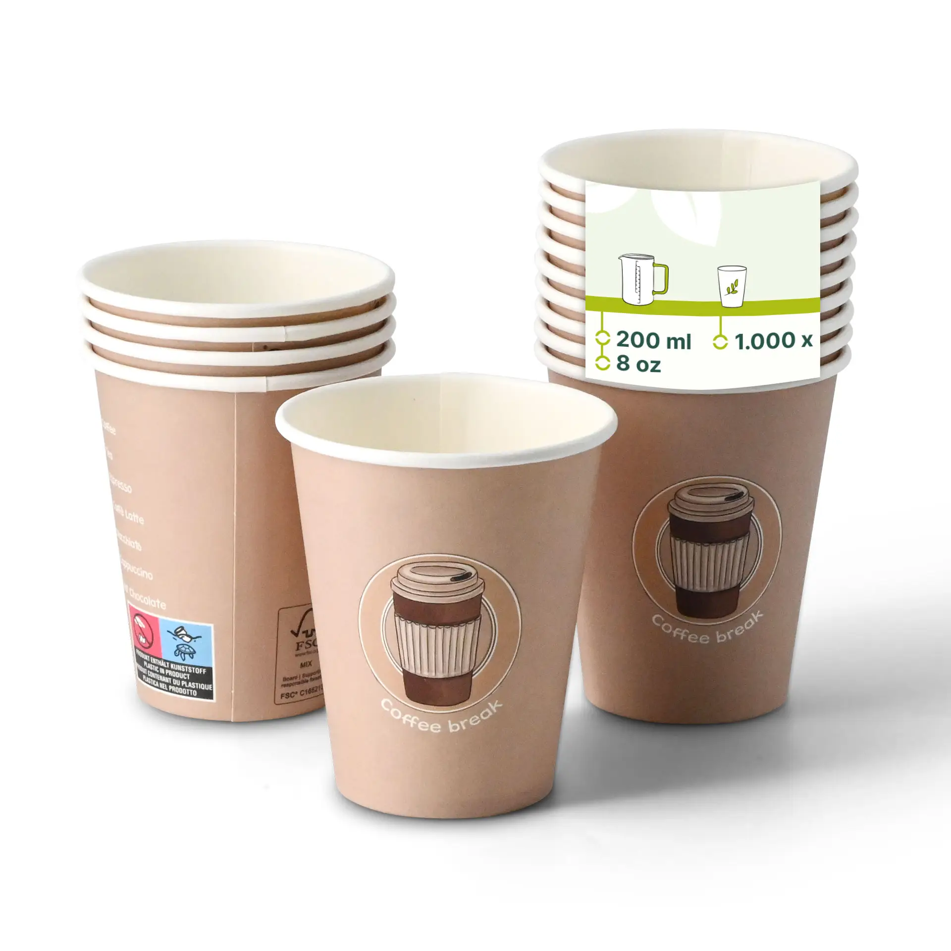 One 8 oz paper cup with a "Coffeebreak" print, surrounded by several similar cups; features a PE-coating for hot and cold drinks.
