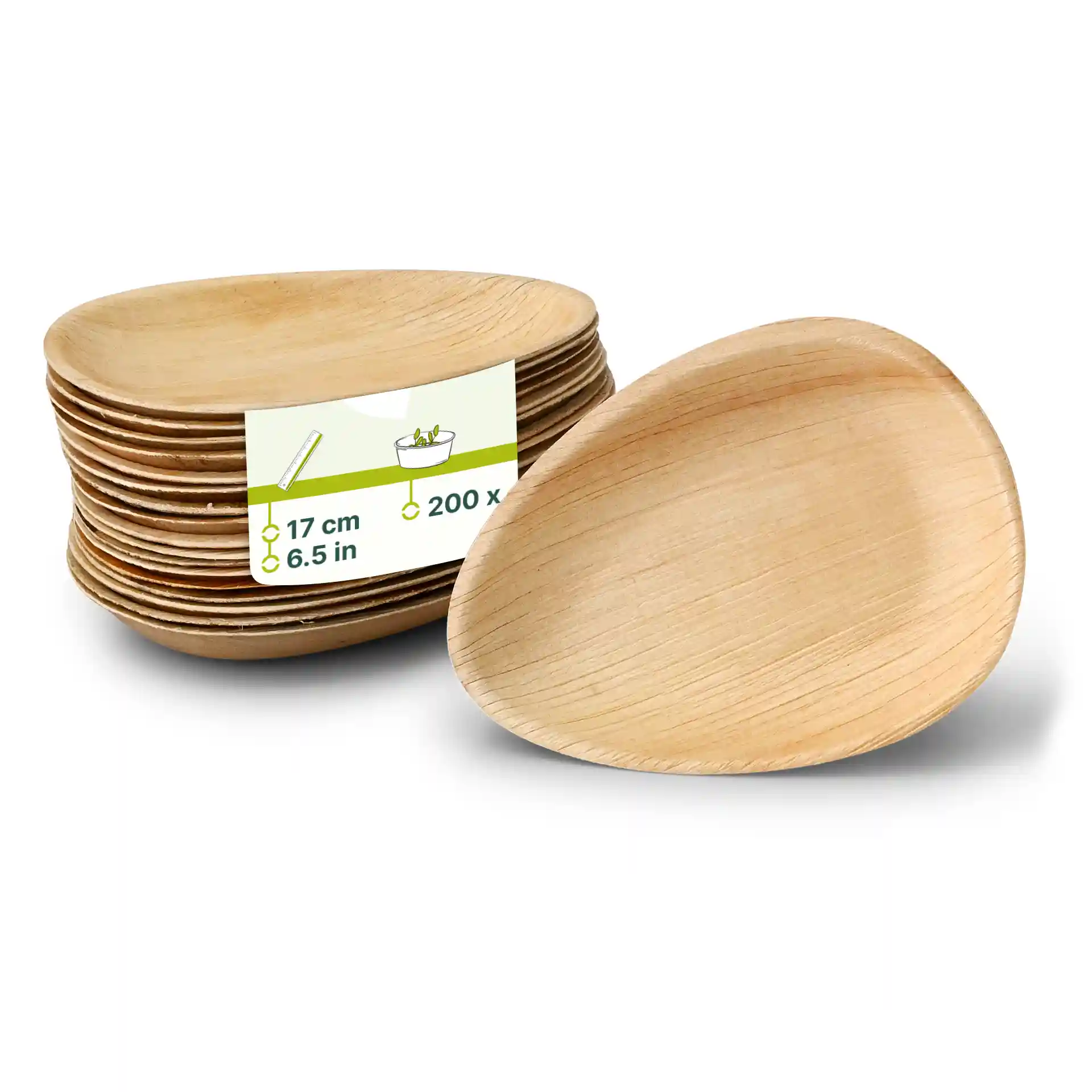 Stapel ovaler Palmblattplatten, 17 cm groß, mit einem Etikett, das die Menge von 200 und die Abmessungen zeigt.