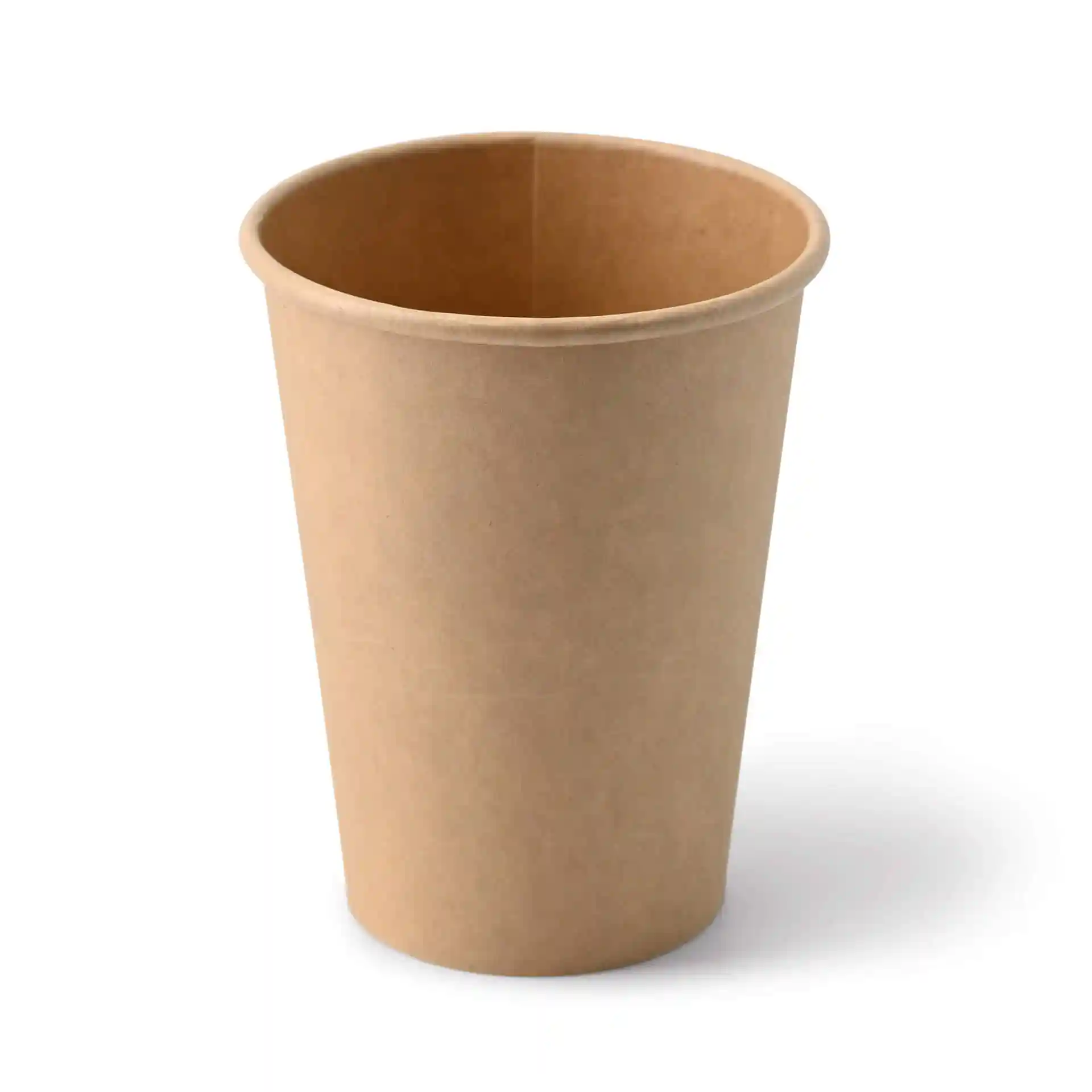 Brauner Pappbecher mit runder Form, 12 oz Kapazität, aus Karton, schräg dargestellt.