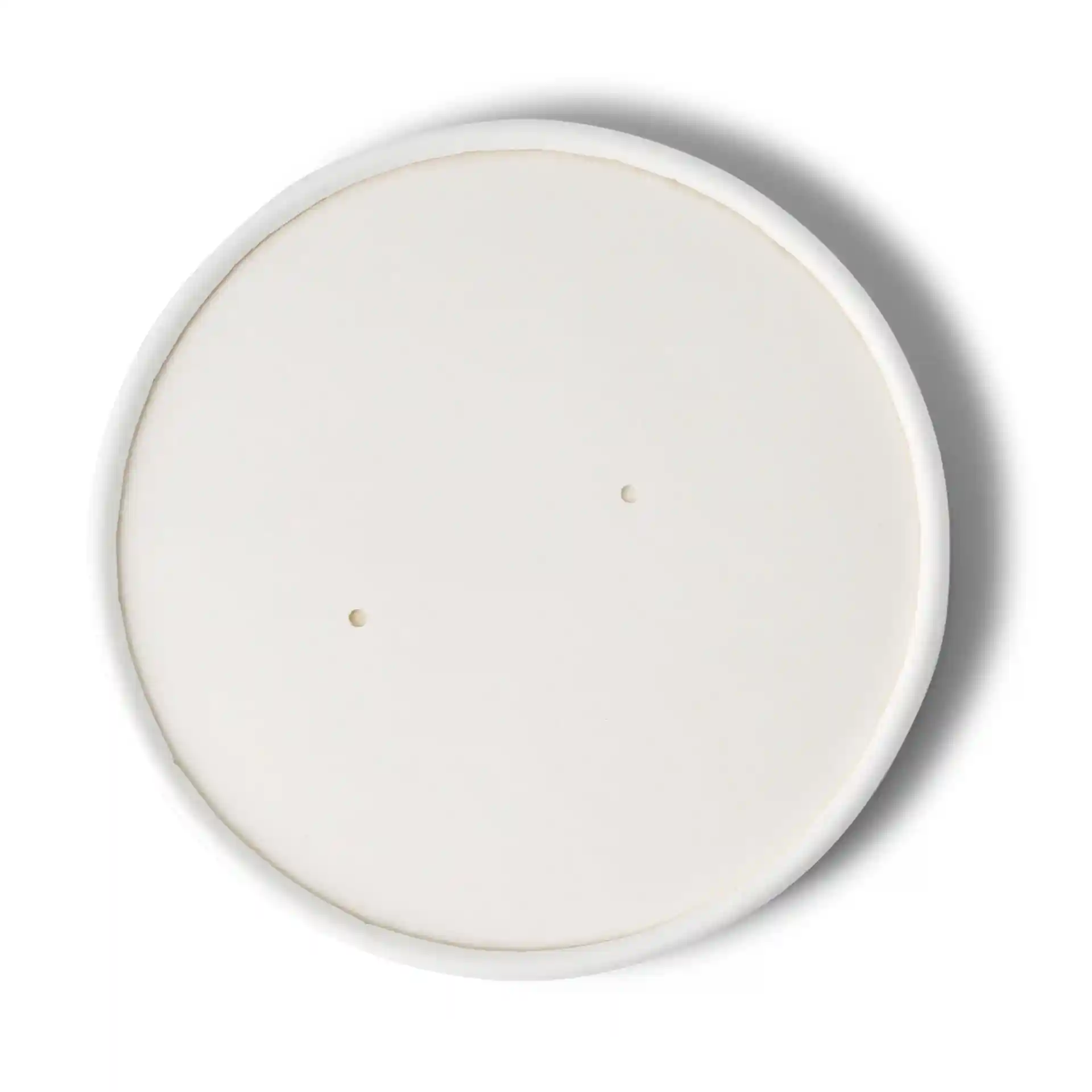 Round white cardboard lid with a smooth surface and two small holes, diameter 116 mm.