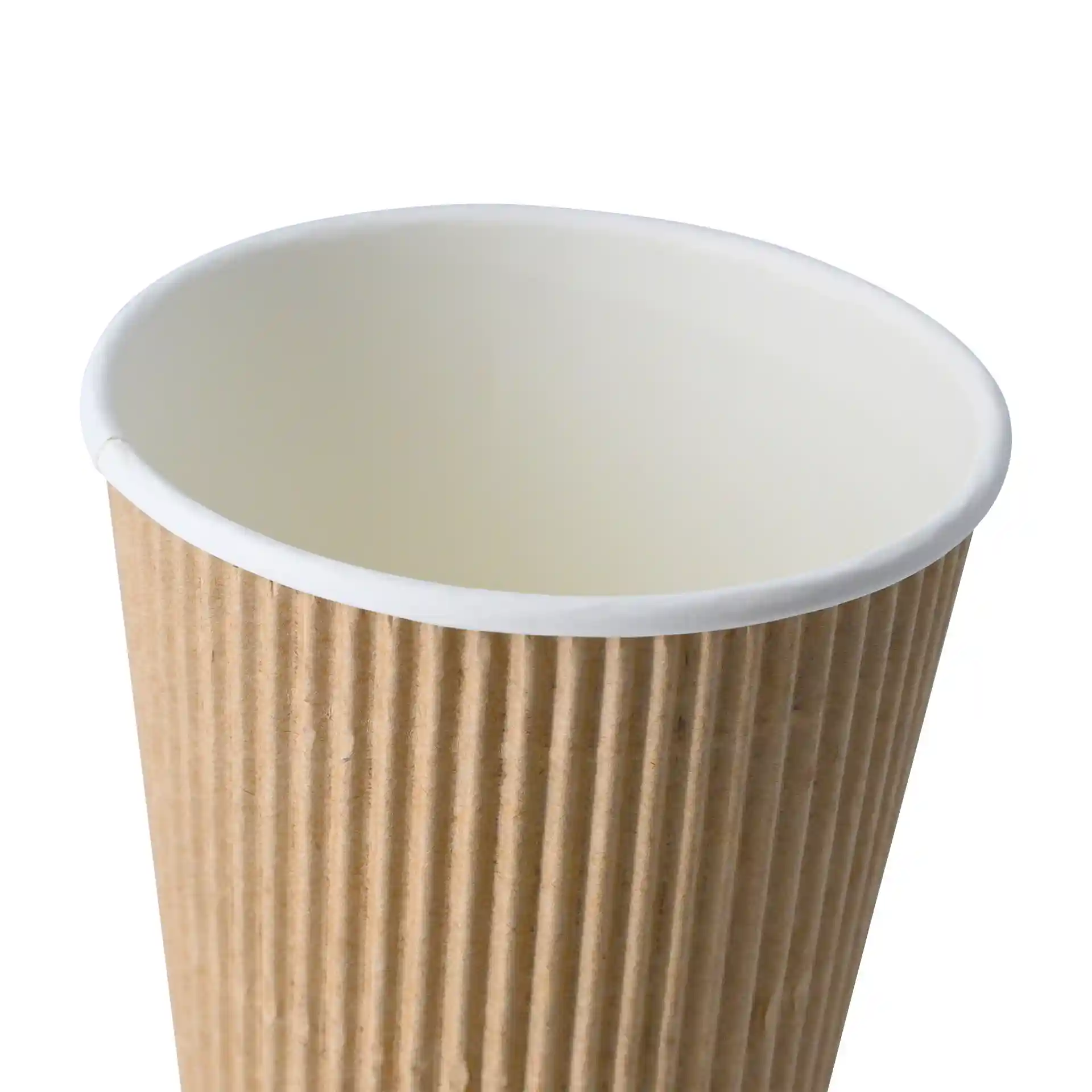 Brown ribbed cup with a white interior, 12 oz size, measuring 110 mm in height and 90 mm in diameter.
