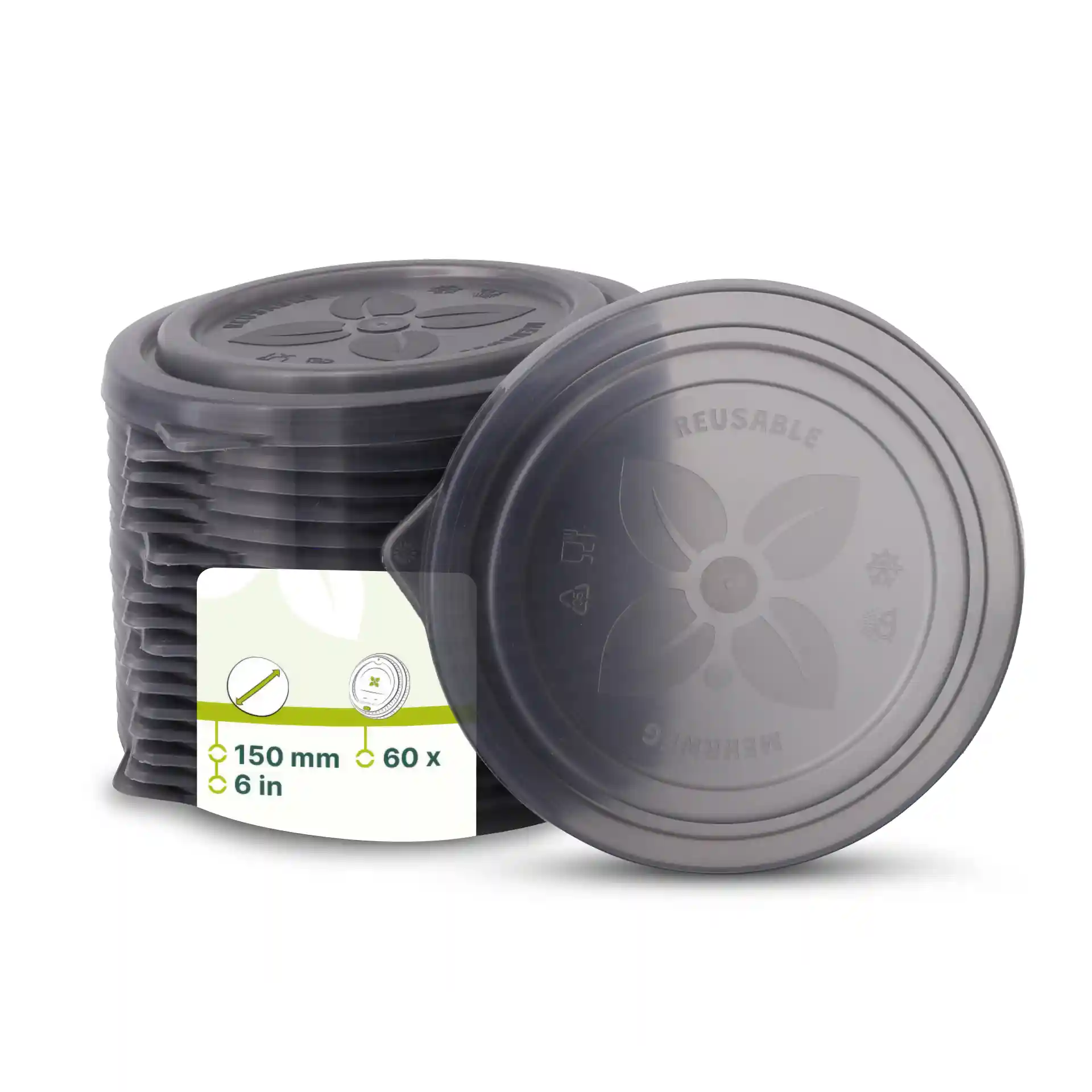 Stack of grey reusable lids for bowls, 150 mm in diameter, with a label showing product details.