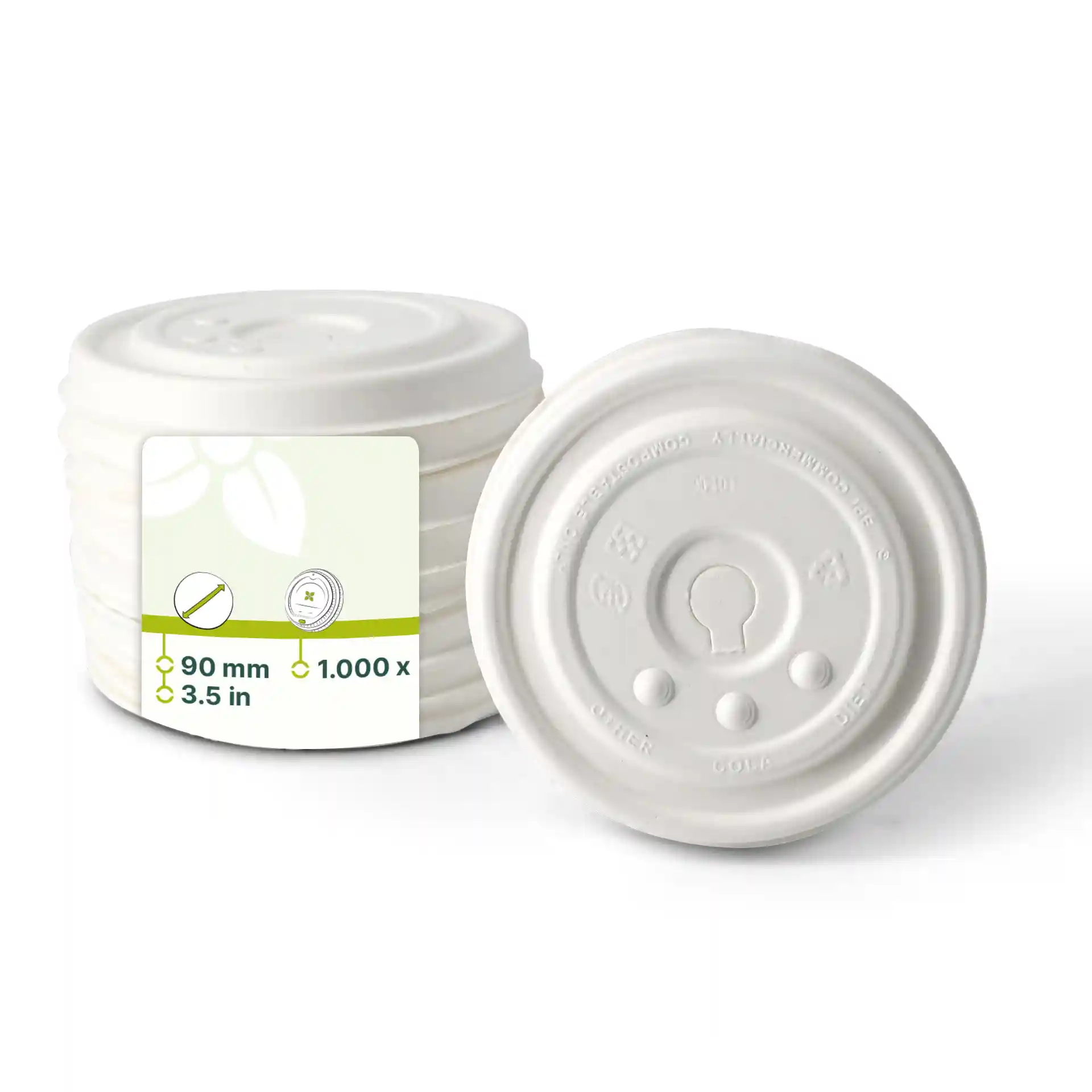 Stack of white cardboard flat lids with a diameter of 90 mm, featuring a straw hole and a smooth surface.