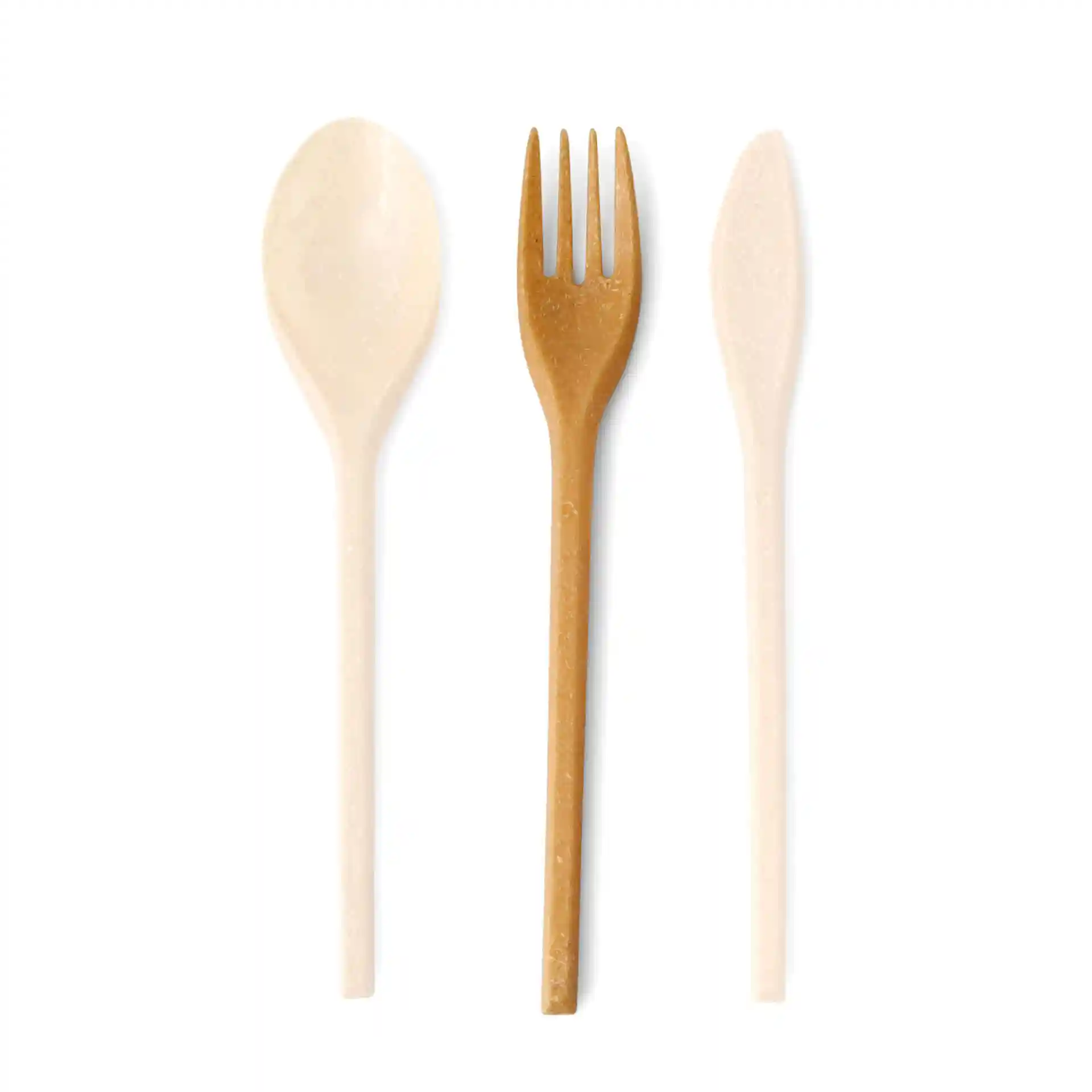 Image of a brown reusable fork, a white spoon, and a white knife arranged side by side on a plain background.