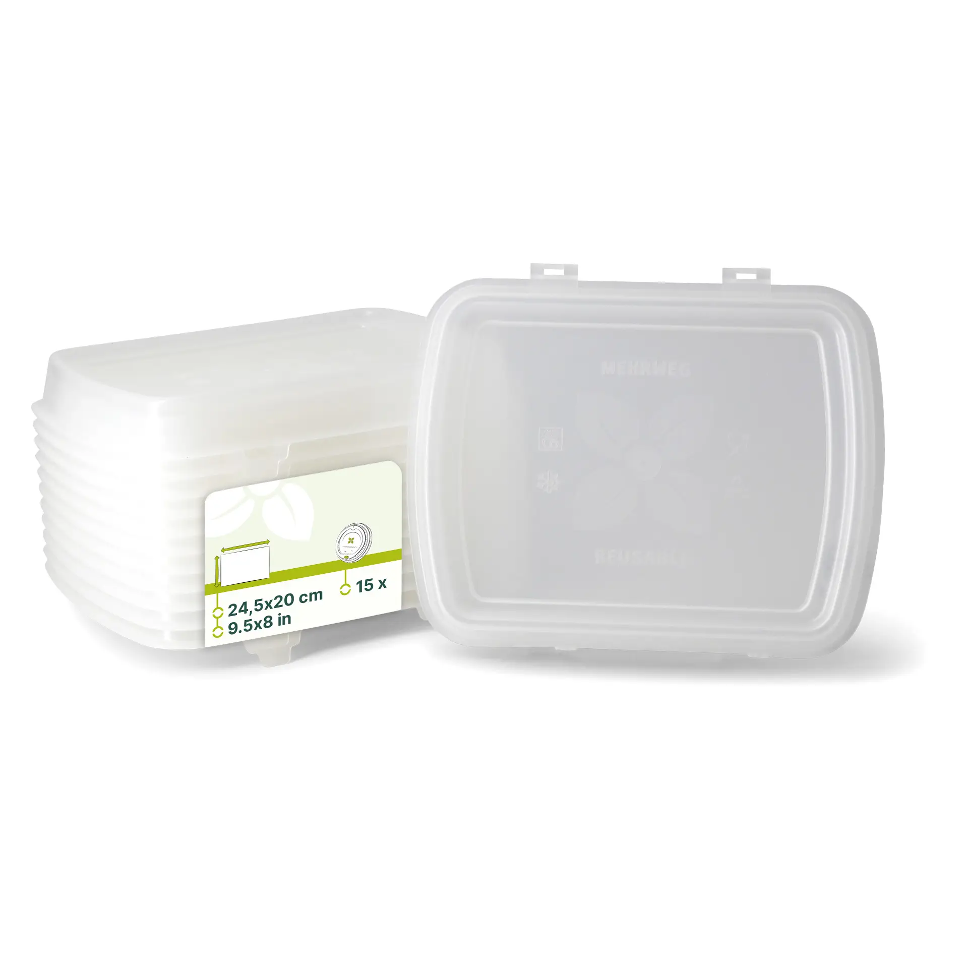 Transparent reusable storage containers with lids, measuring 24.5 x 20 x 4.5 cm, stacked with a label visible.