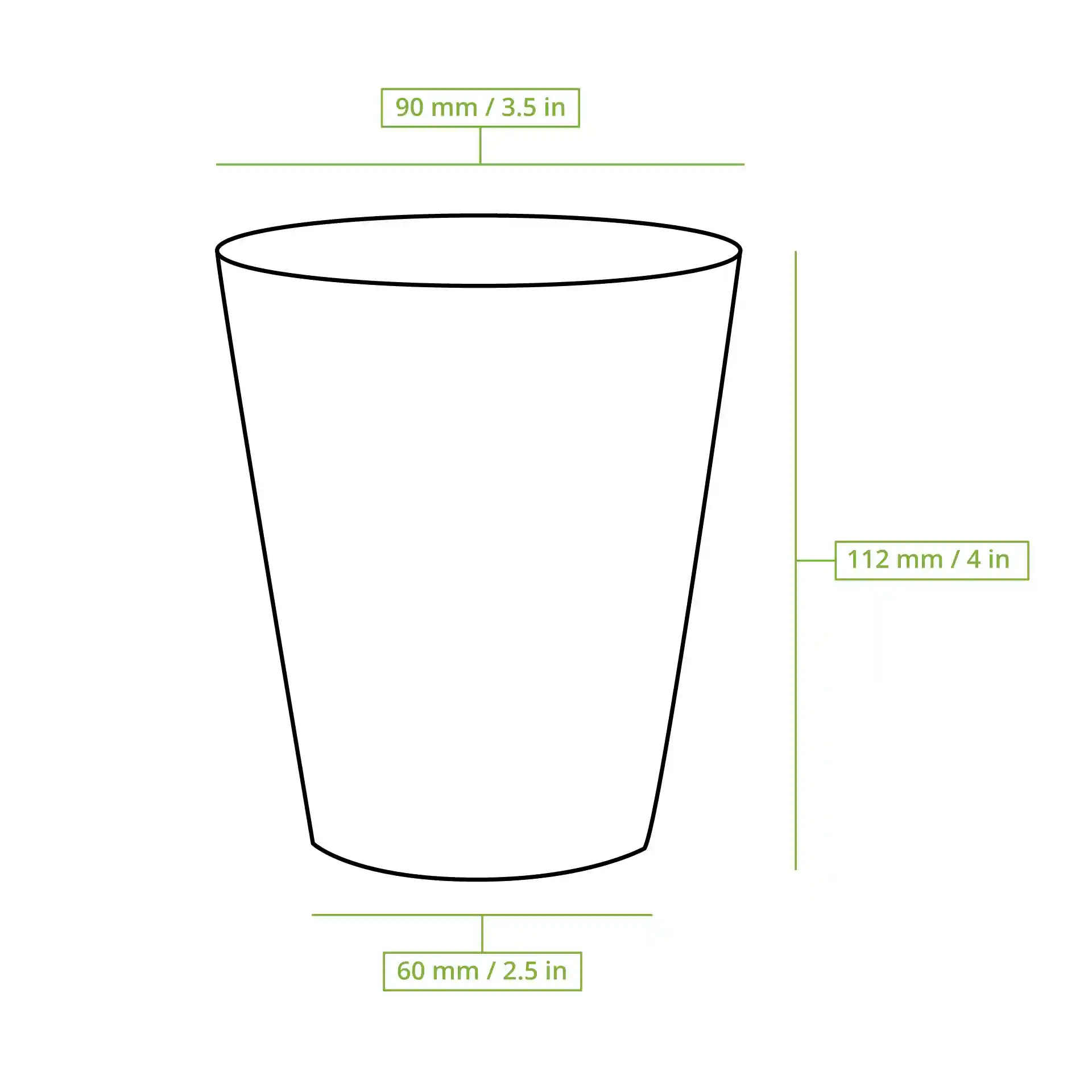 Schematic drawing of a round paper cup with dimensions: top diameter 90 mm, height 110 mm, bottom diameter 58 mm.