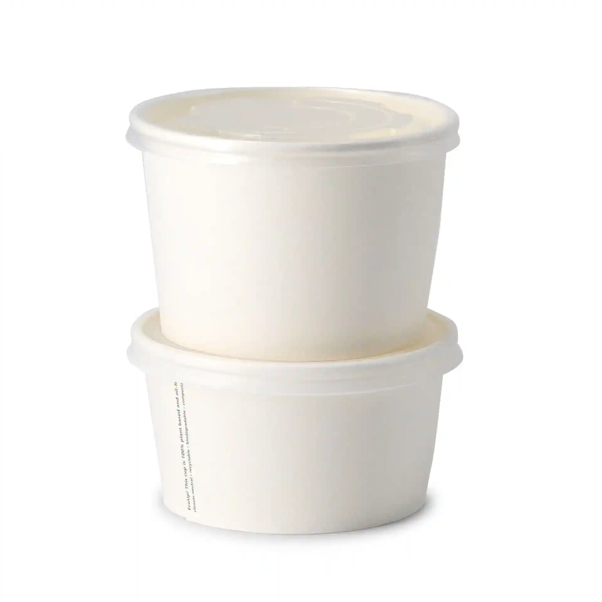 White round paper soup containers stacked, featuring a lid, with a diameter of 115 mm and height of 77 mm.