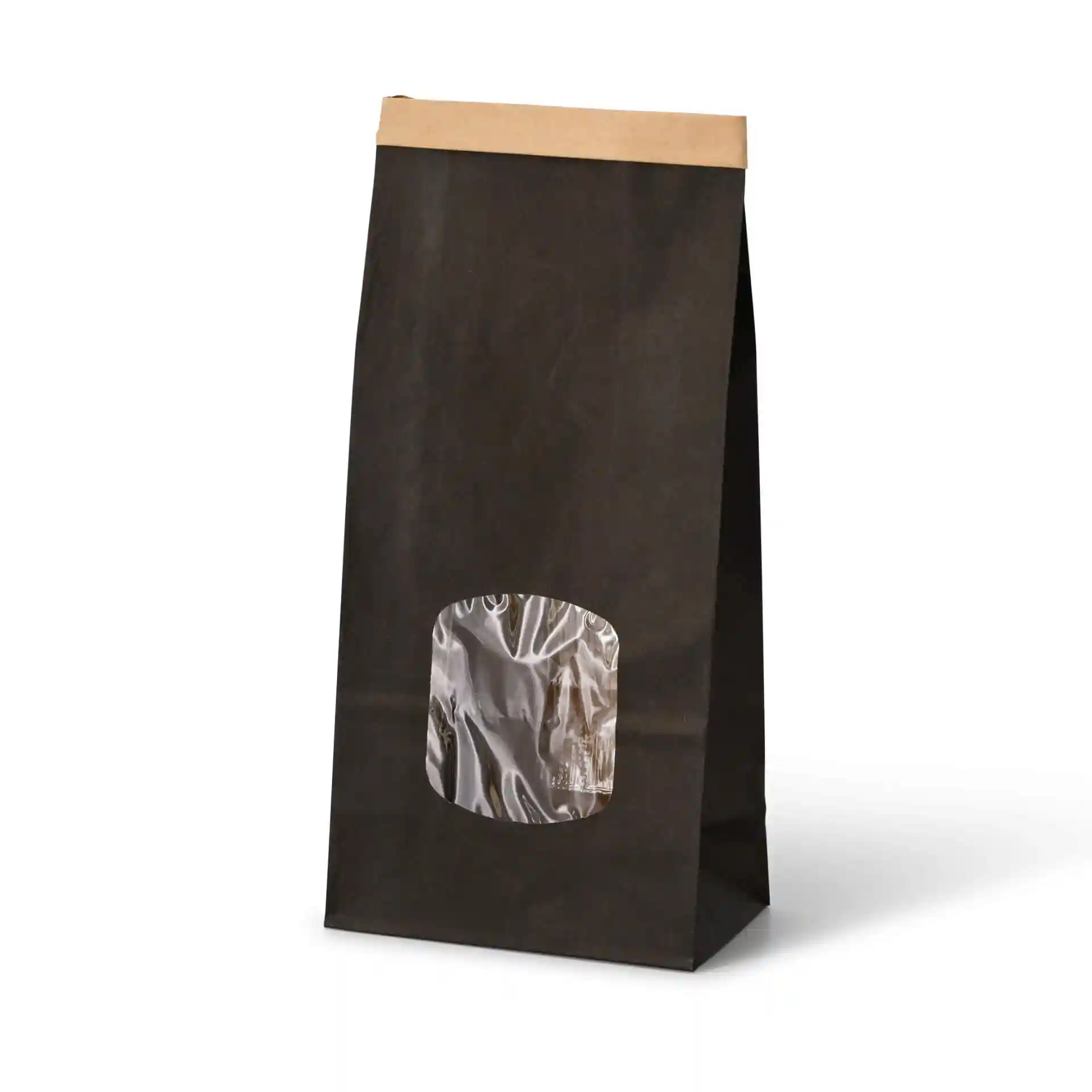 Black block bottom bag with a kraft paper top and a transparent viewing window. Dimensions are 11.5 x 7 x 24.5 cm.
