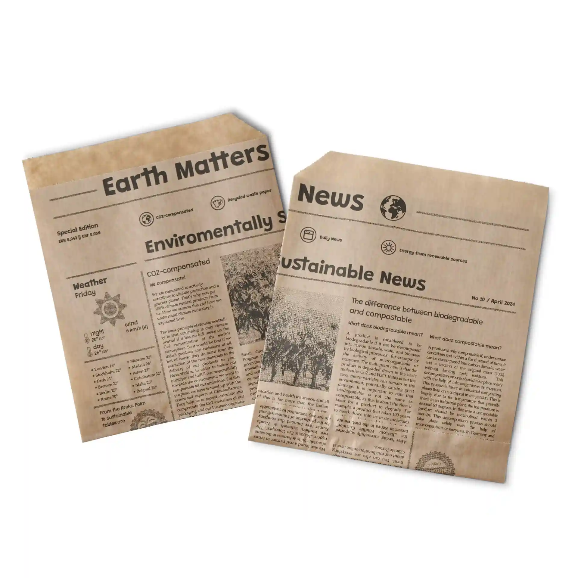 Two paper burger bags with a newspaper design, measuring 16 x 16 cm, in a kraft color.